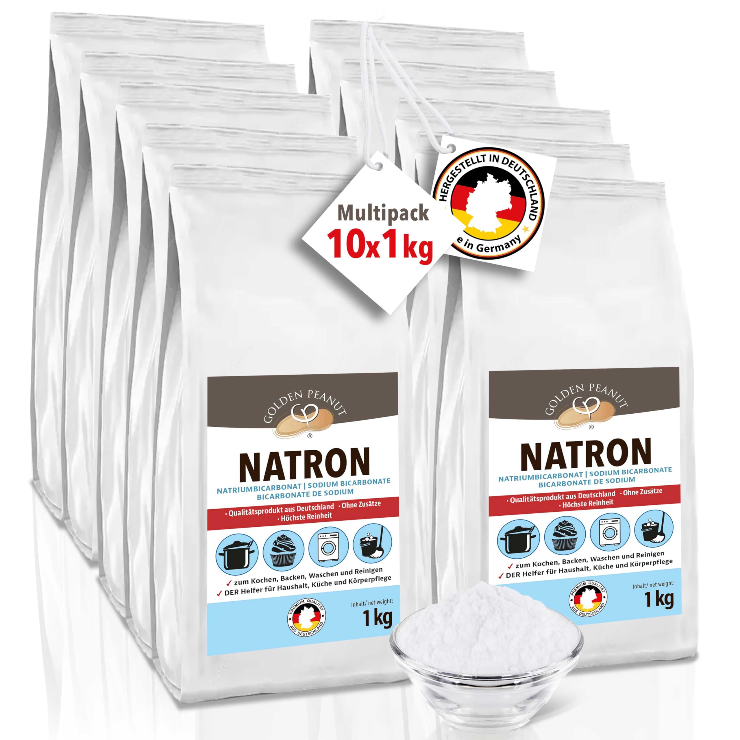 GOLDEN PEANUT Natron Pulver 10 x 1 kg, Natriumhydrogencarbonat, Backpulver, Backsoda, Haushalts-Soda, hochreine Lebensmittelqualität aus Deutscher Herstellung