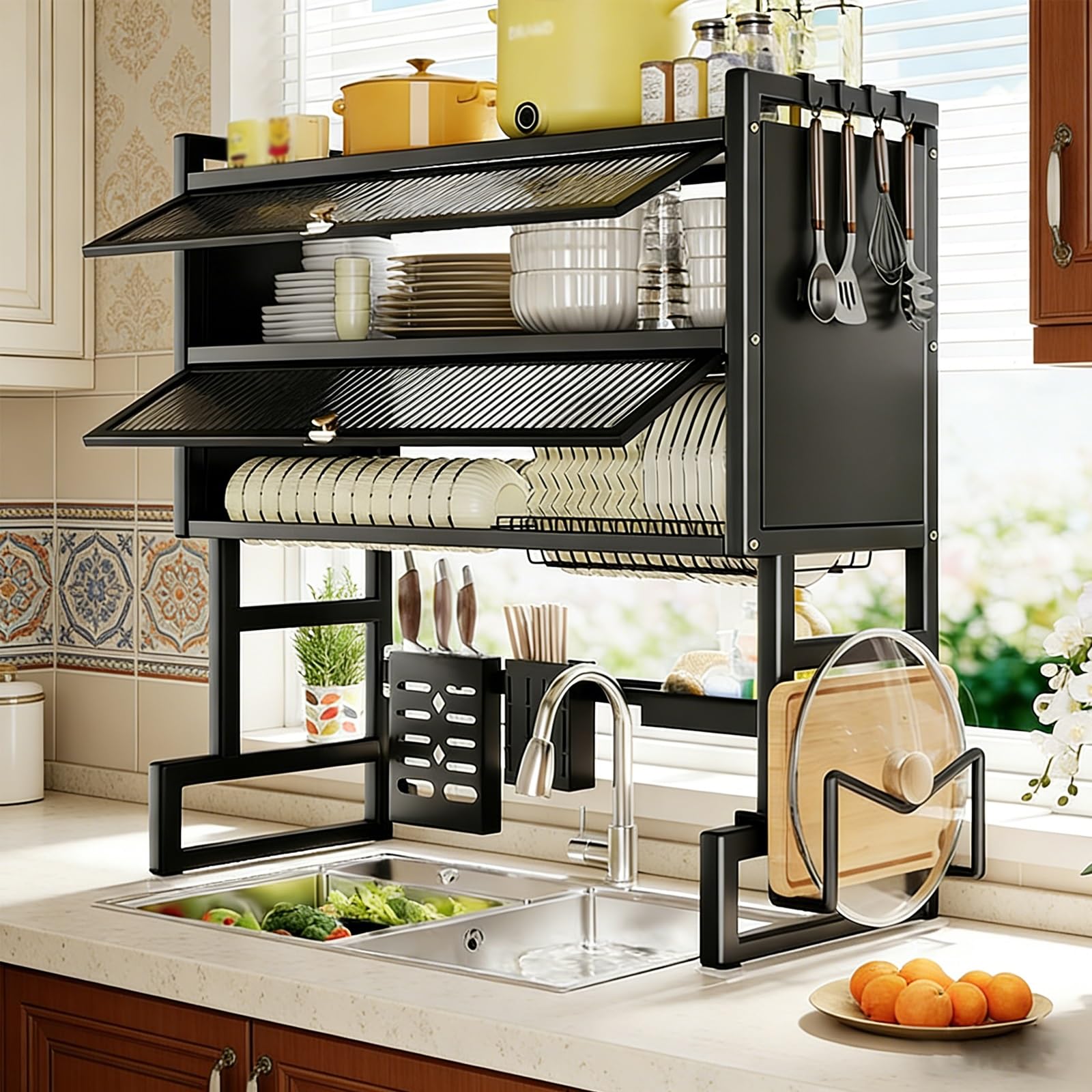 Großer Abtropfständer für die Spüle mit Deckel, 2-stöckiger Küchenorganizer, staubdichter Abtropfständer mit Besteckhalter (Schwarz, 75 cm/29,5 Zoll)