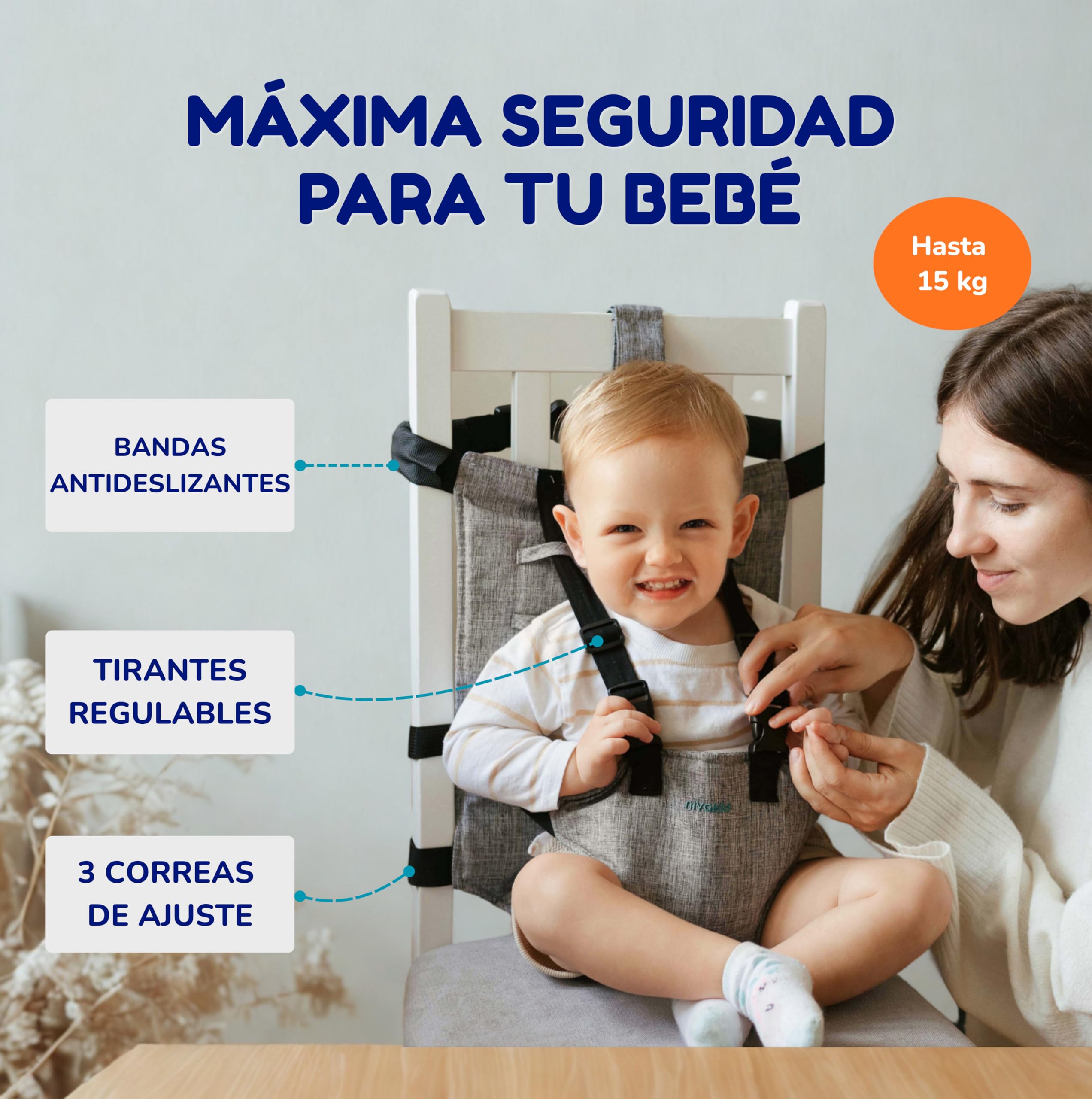Trona Portátil Bebé 6-36 Meses, Silla Portátil de Viaje con Arnés Ajustable de 3 Puntos, Asiento Elevador Plegable 260g, Compatible con la Mayoría de Sillas Ideal para Restaurante Vacaciones y Viajes