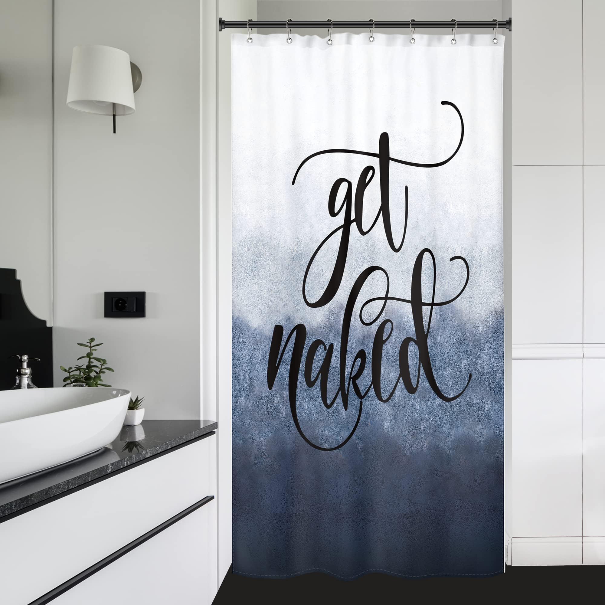 Riyidecor Small Stall Skinny Shower Curtain Marble Get Naked 36Wx72H Inch Blue Texture Abstract Nakey Modern Cool Funny Fashion Unique Urban Trendy Aesthetic Polyester Waterproof Bathroom Decor Fabric