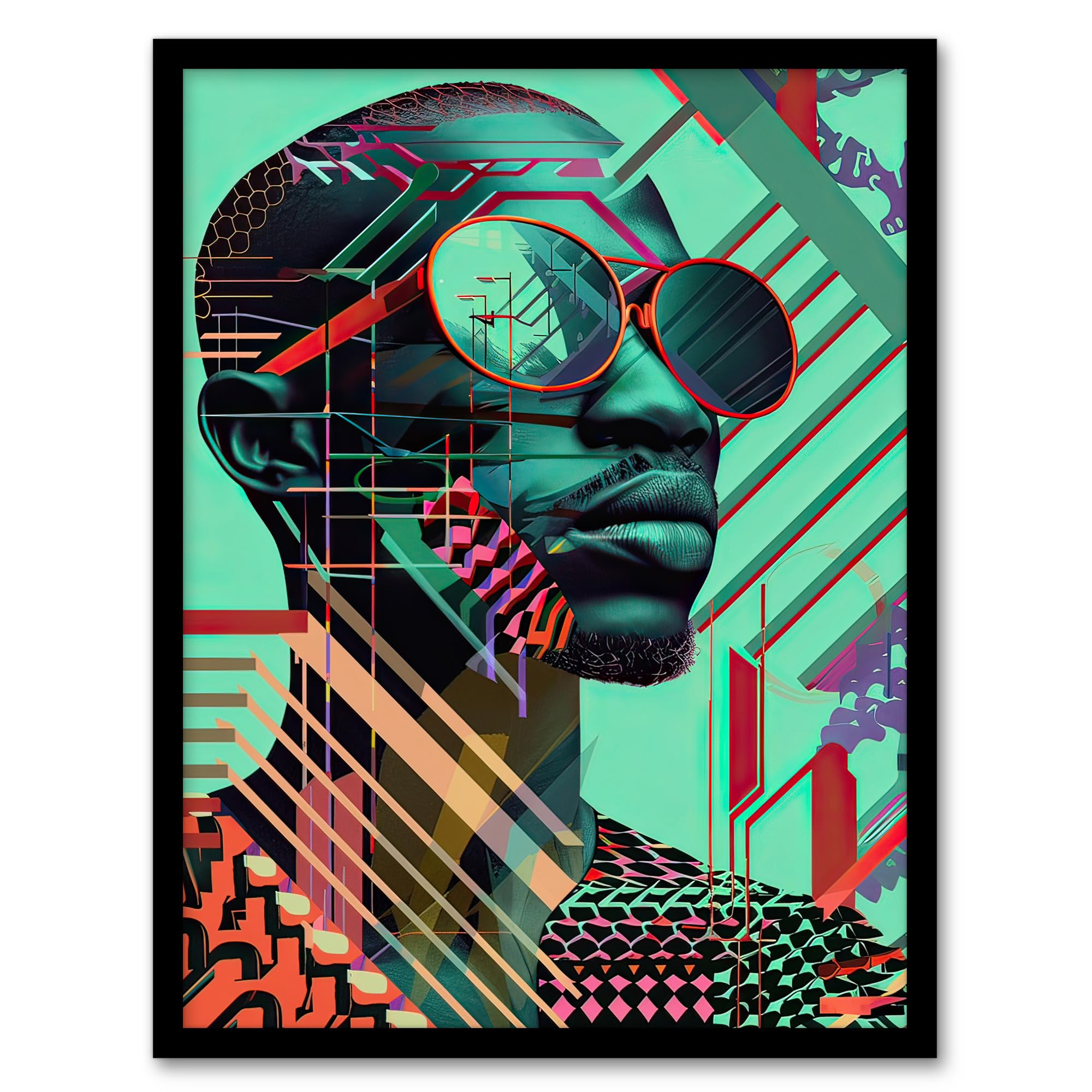 Artery8 Futuristic African Man Shades Portrait Teal Bold Living Room Artwork Framed Wall Art Print 18X24 Inch
