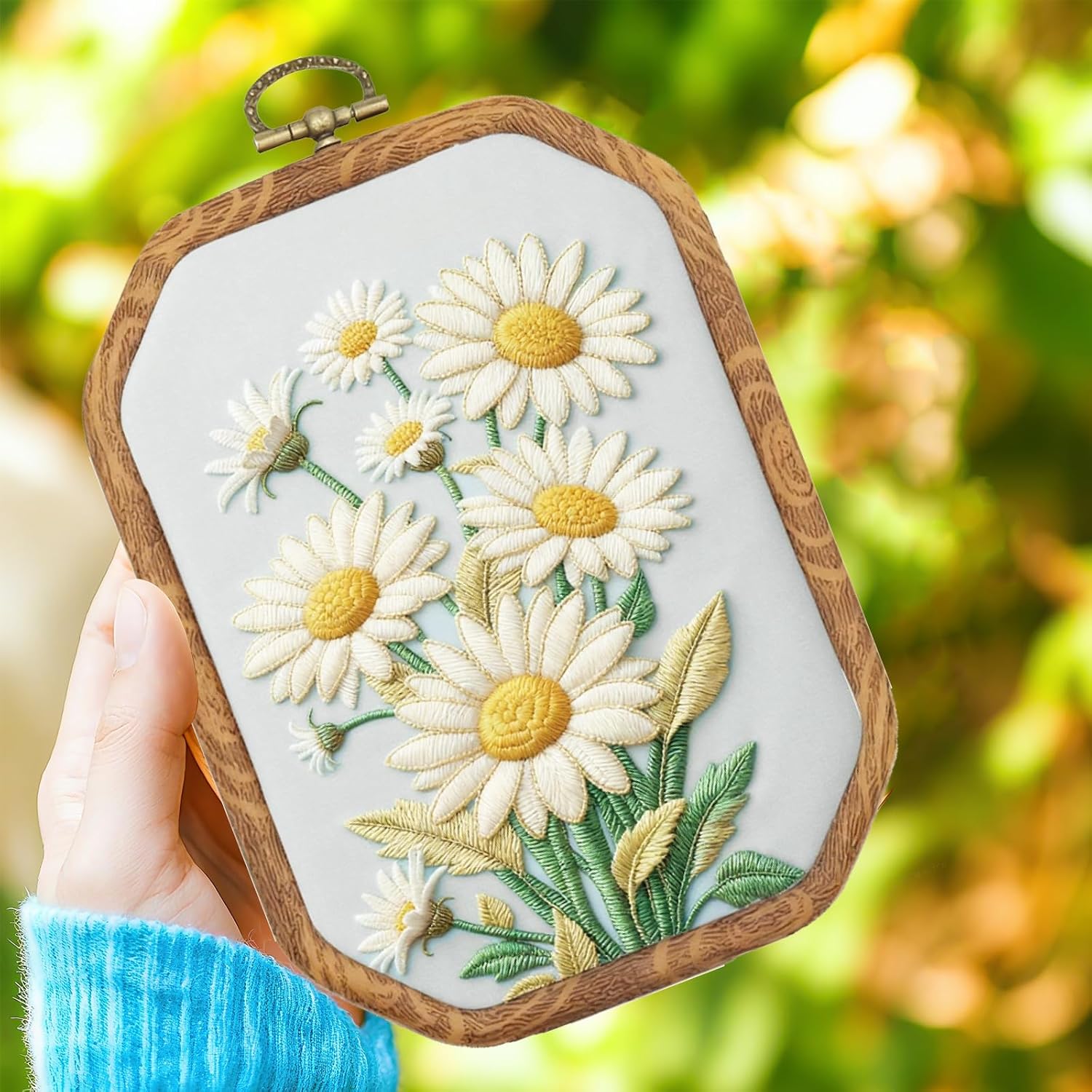 INFUNLY 6 Pack Octagon Daisy Embroidery Starter Kit 7.9×5.9inch Vintage DIY Embroidery Kits for Adults Stamped Needlepoint Set with Step-by-Step Instructions Colorful Threads Craft Lover Gift
