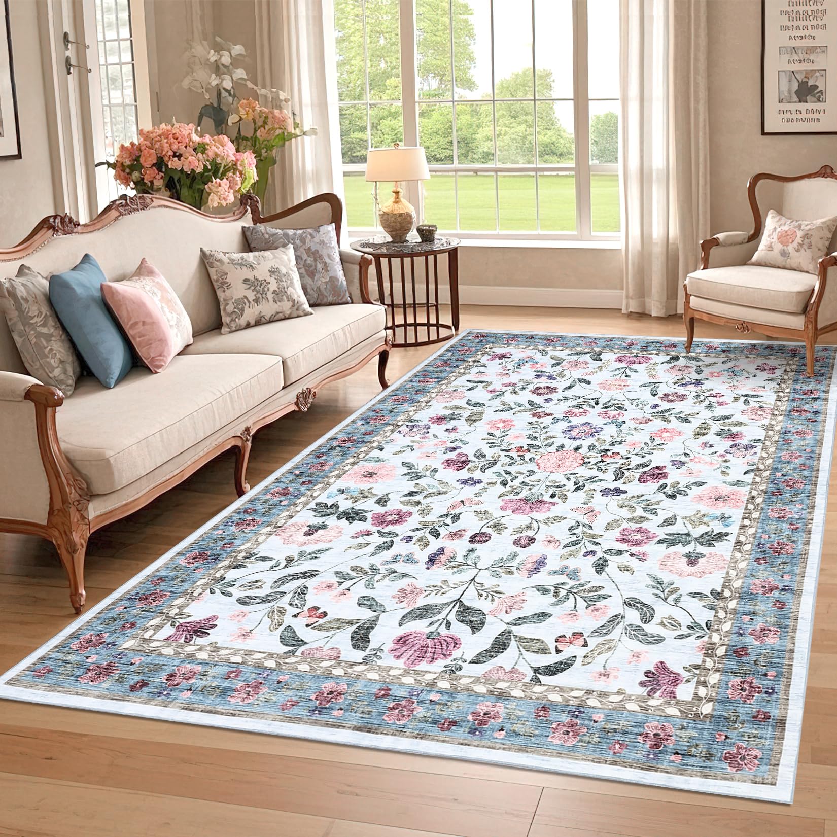 CAROMIO 160x230 cm Soft Large Floral Rug, Washable Non-Slip Farmhouse Carpet for Living Room, Low Pile Foldable Area Rug for Bedroom, Dining and Nursery, Blue — image 1