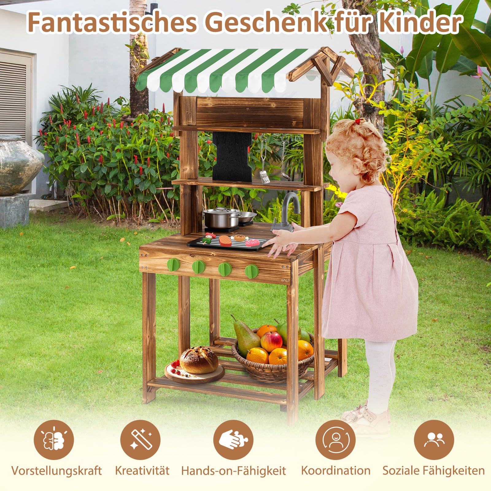 COSTWAY Matschküche Kinder Outdoor, Doppelseitige Kinderküche mit Dach, Schultafel, Spüle & Wasserhahn, Outdoorküche Spielküche Holz für Jungen & Mädchen ab 3 Jahren