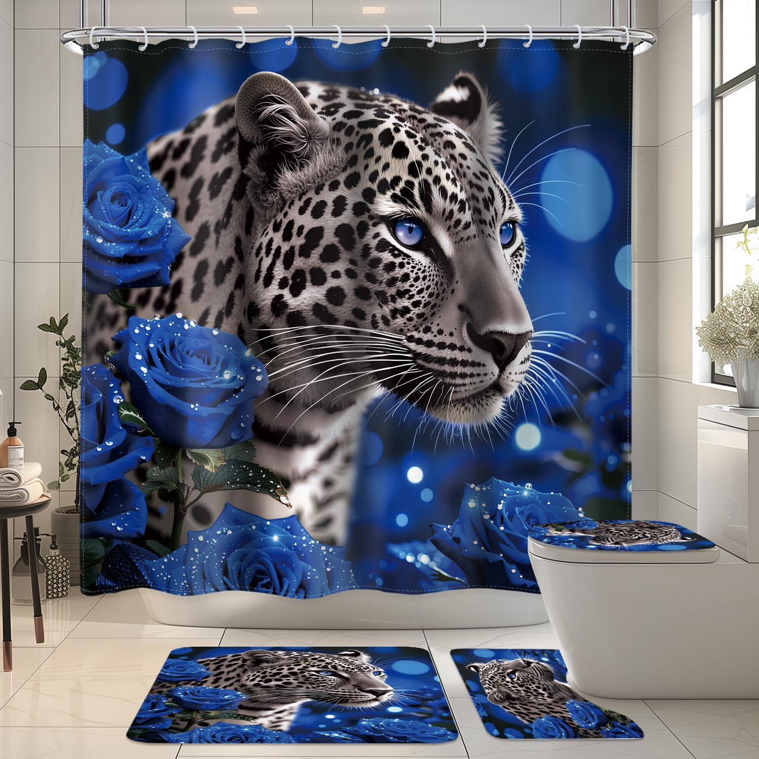 LIGHTINHOME 4 PCS Blue Rose and Leopard Shower Curtain Cool African Animal Flower Tropical Jungle Wildlife 72Wx72H Inch Fabric Bathroom Decor Bathroom Rug Set Bath Mats Nonslip Shower Accessories