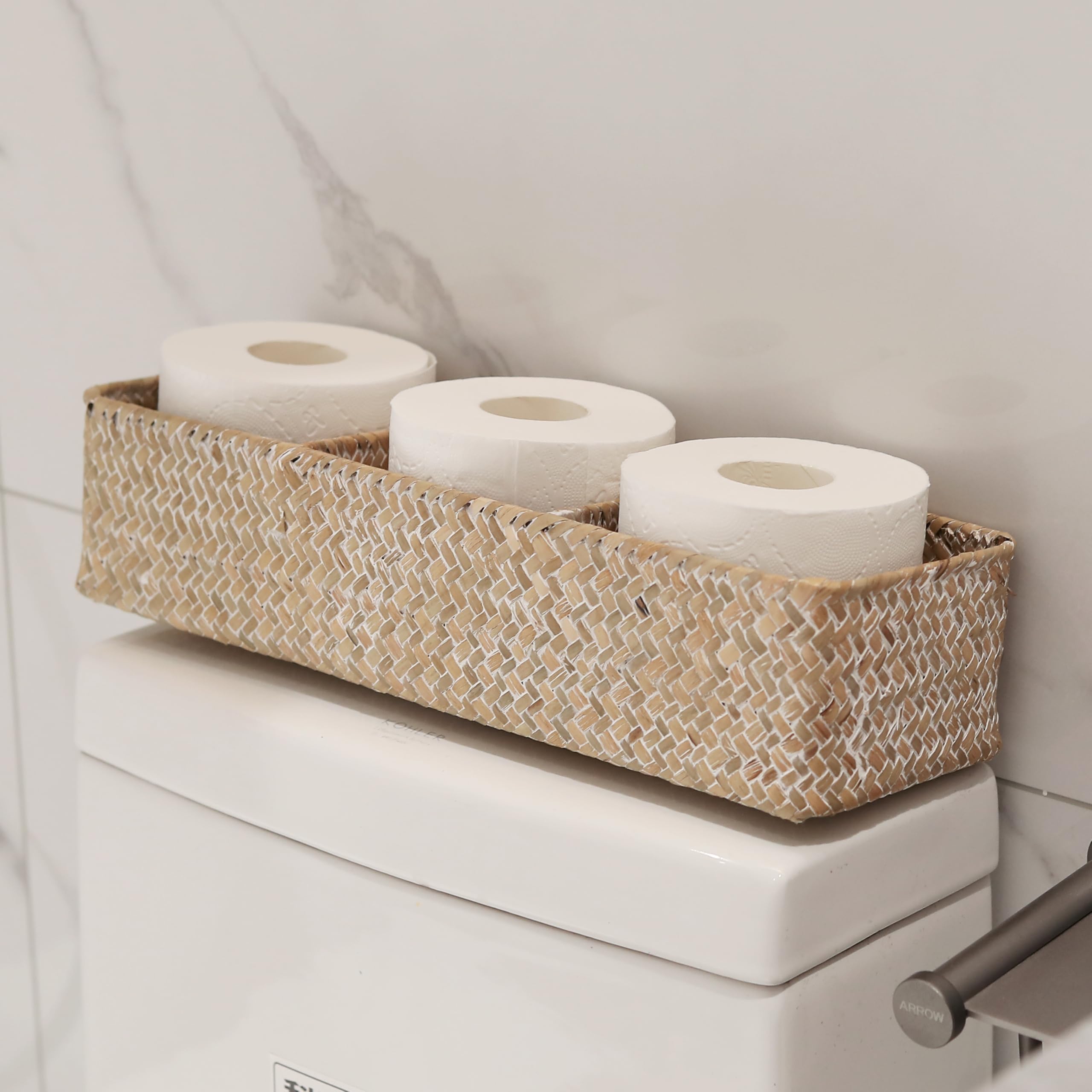 Panier Rangement Jonc de Mer Rectangulaires Malle en Osier avec Compartiment pour Organiser des Jouets de Collation en Papier Toilette (Blanchir 42cm x 14cm x 9cm)
