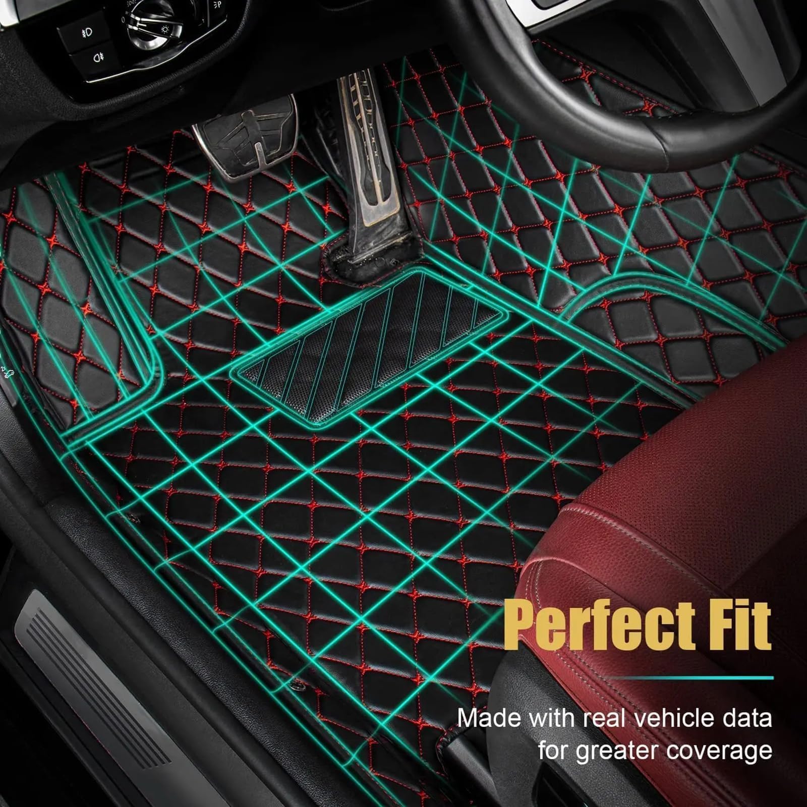 XIBANY Tappetini Auto In Pelle Per Mazda 6 2017-2019 LHD – Copertura Totale Impermeabile E Antiscivolo – Interni Auto Personalizzati – Nero Con Cuciture Rosse