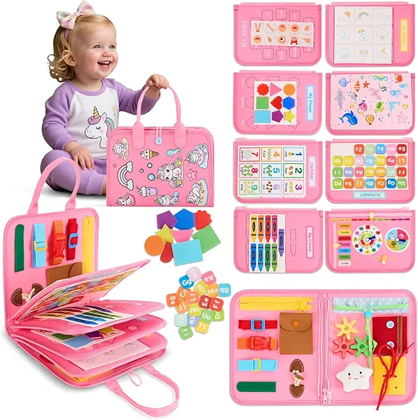 TOYSYM Toddler Busy Board Montessori Toys, Sensory Toys for 1 2 3 4 Year Old Girl, Busy Book Travel Educational Activities for Learning Fine Motor Skills Birthday Gifts (Pink Unicorn/P10)
