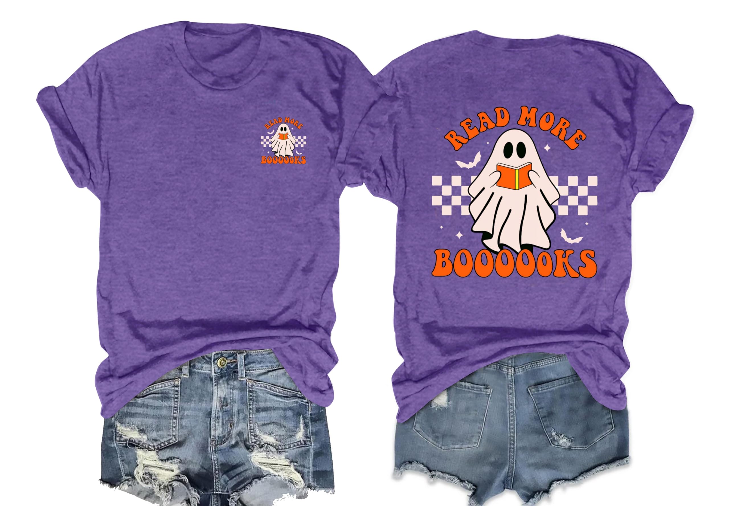 Teacher Halloween Shirt for Womens Read More Books Tshirt Spooky Ghost Shirts Graphic Tee Funny Cute Short Sleeve Tops