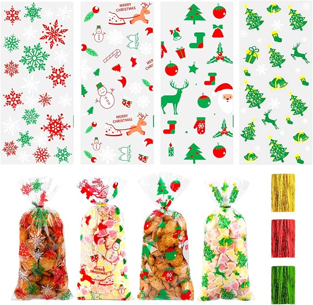 BBLIKE 120Pcs Christmas Cellophane Treat Bags, Clear Christmas Cellophane Sweet Candy Treat Bags, Santa Claus Bells Elk Pattern Party Bags for XMAS Party Supplies Decorations