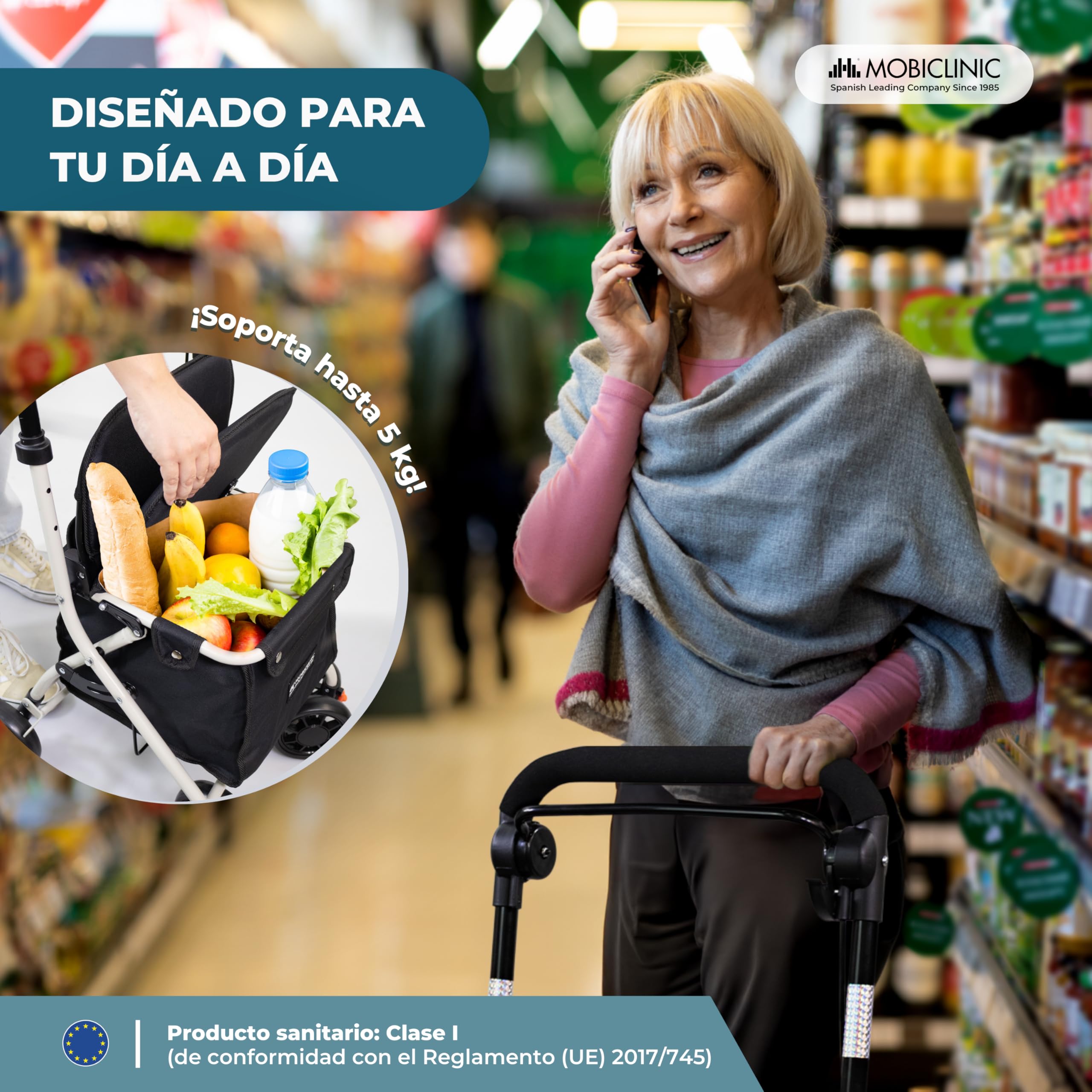 Mobiclinic® Andador Plegable Carro de la Compra con Asiento Coliseo Acero Ruedas 360º Negro