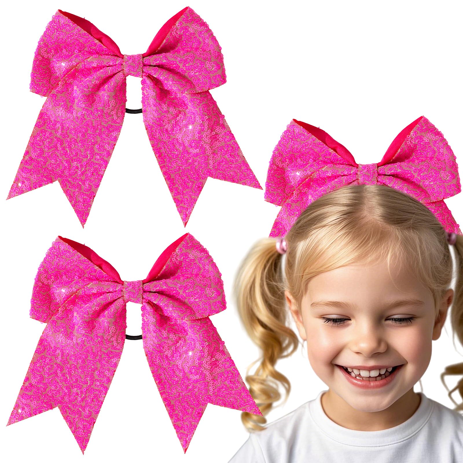 Padorul Hot Pink Bow Hair Ties for Women 2Pcs Sparkly Sequin Shining Hairband