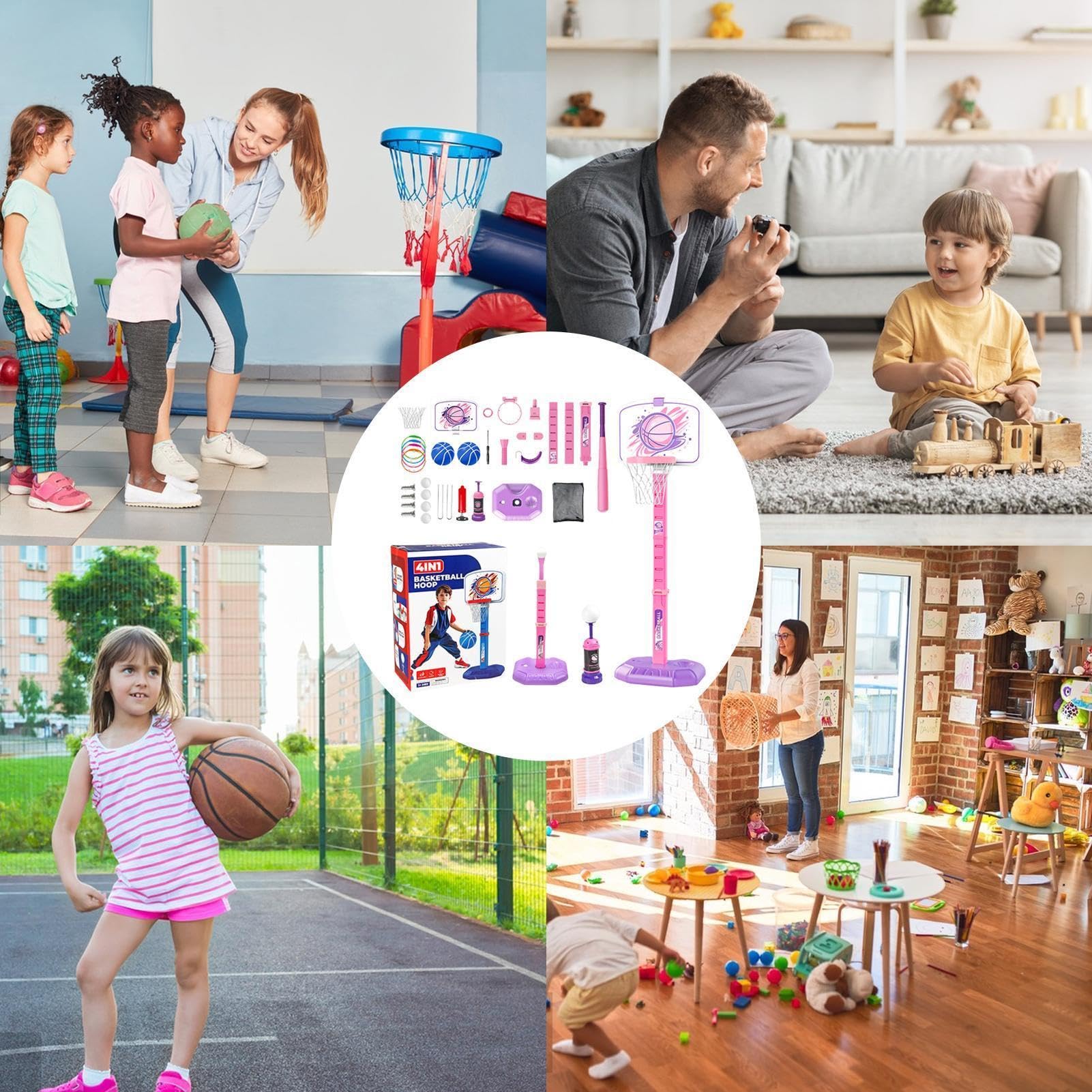 Hoop de baloncesto para niños, aro de baloncesto para niños - Juego de 4 en 1 t Ball Set and Tast Ring Game,Juego de pelota de juguete deportivo para exteriores en interiores para 1-8 años