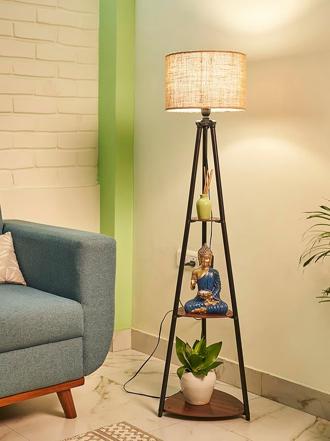 Crosscut Furniture LED Tripod Floor Lamp with 3 Shelves, Brown Jute, Metal Corner Floor Lamp for Living Room & Bedroom Decoration
