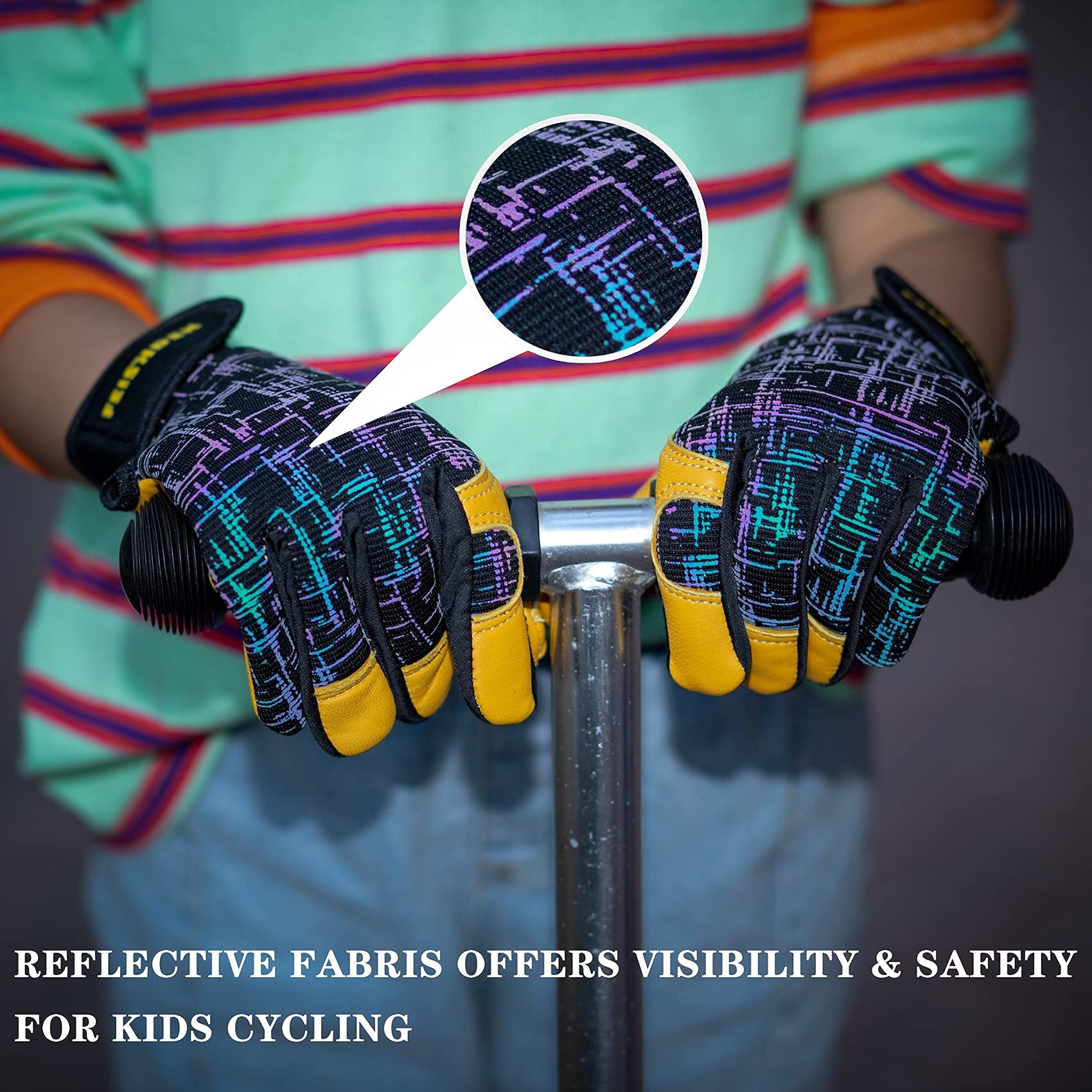 Gants de travail en cuir véritable pour enfants, gants de sécurité, écran tactile, design réfléchissant, respirant, pour enfants de 3 à 12 ans (L, noir)