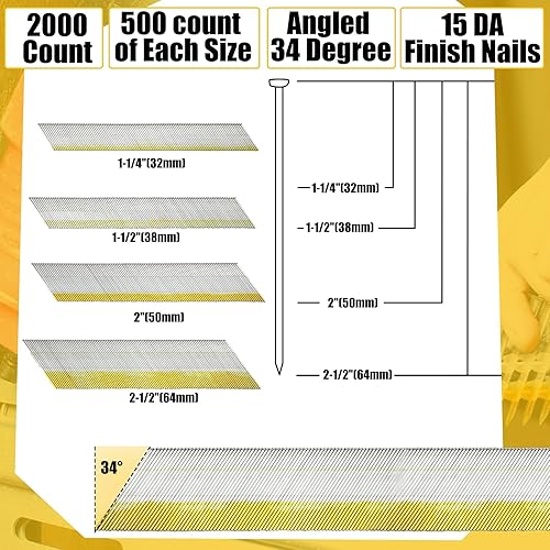 Miniatura 2 de Zonon Clavos de acabado en ángulo de calibre 15 de 34 grados, 2000 unidades de 1-14 pulgadas, 1-12 pulgadas, 2 pulgadas, 2-12 pulgadas, 500 por