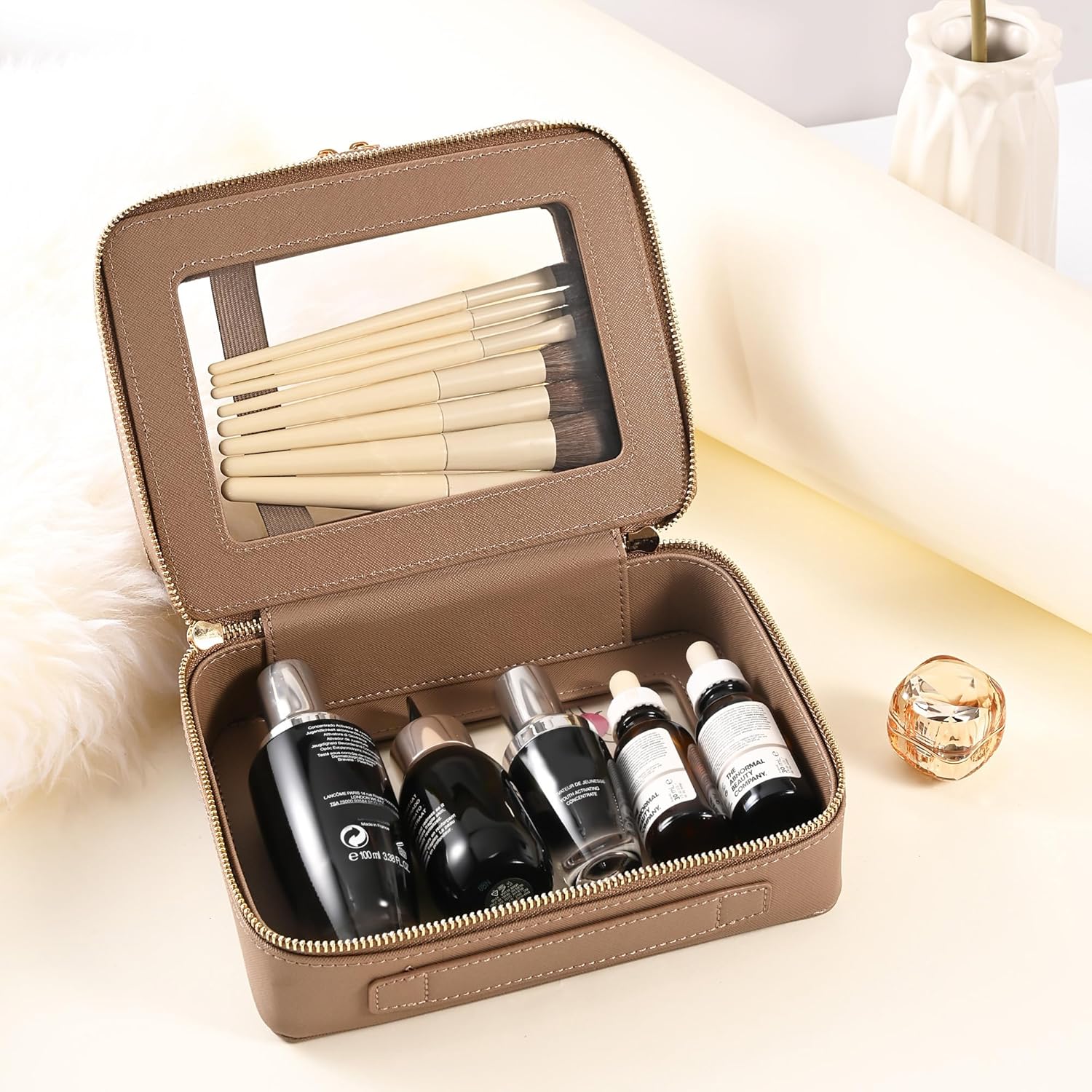 Aveniee Large Clear Makeup Bags, Double Layer Cosmetic Bags with Separate Brush Compartment,Travel Toiletry Bag Train Case,Travel Accessories Organizer for Women,2 Layers,Brown - Image 4