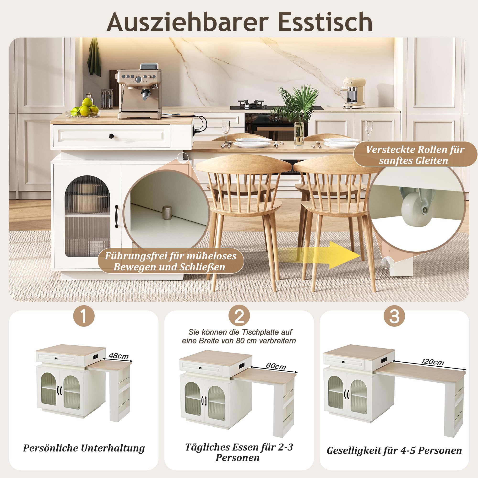 Tavolo da pranzo convertibile a isola su ruote, allungabile, a LED, con barra a strisce elettriche, versatile credenza bianca per cucina e sala da pranzo, mobili salvaspazio