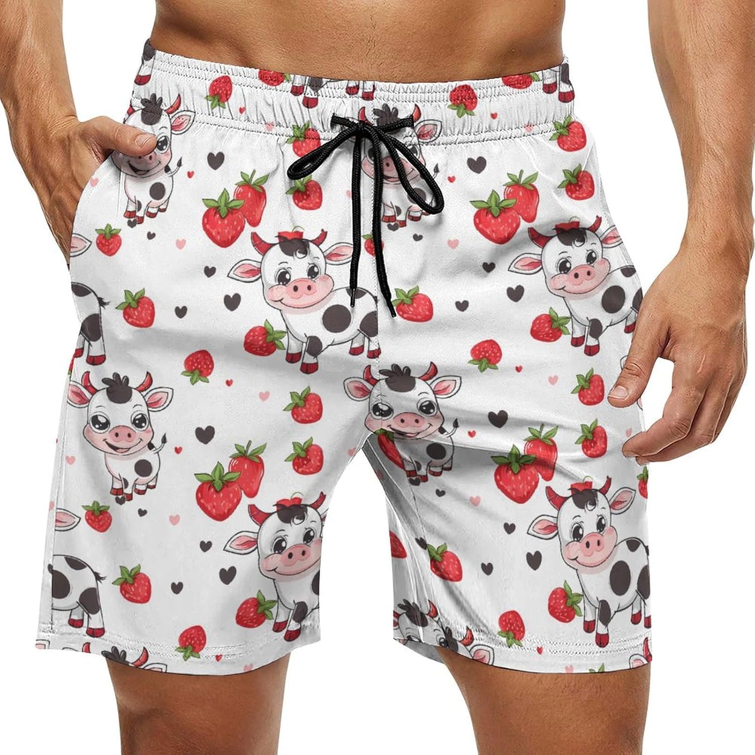 Cute Cow Strawberry Casual Men's Swim Trunks Novelty Summer Beach Shorts Swimwear with Pocket