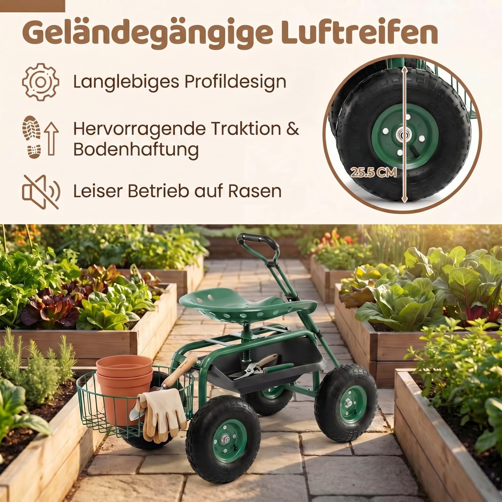 GYMAX Gartenhocker mit Rollen, Gartenwagen mit Verstellbarer Sitzhöhe, ausziehbarem Griff & Aufbewahrungskorb, Rollsitz für Gartenarbeit, Arbeitssitz Gartensitz Grün