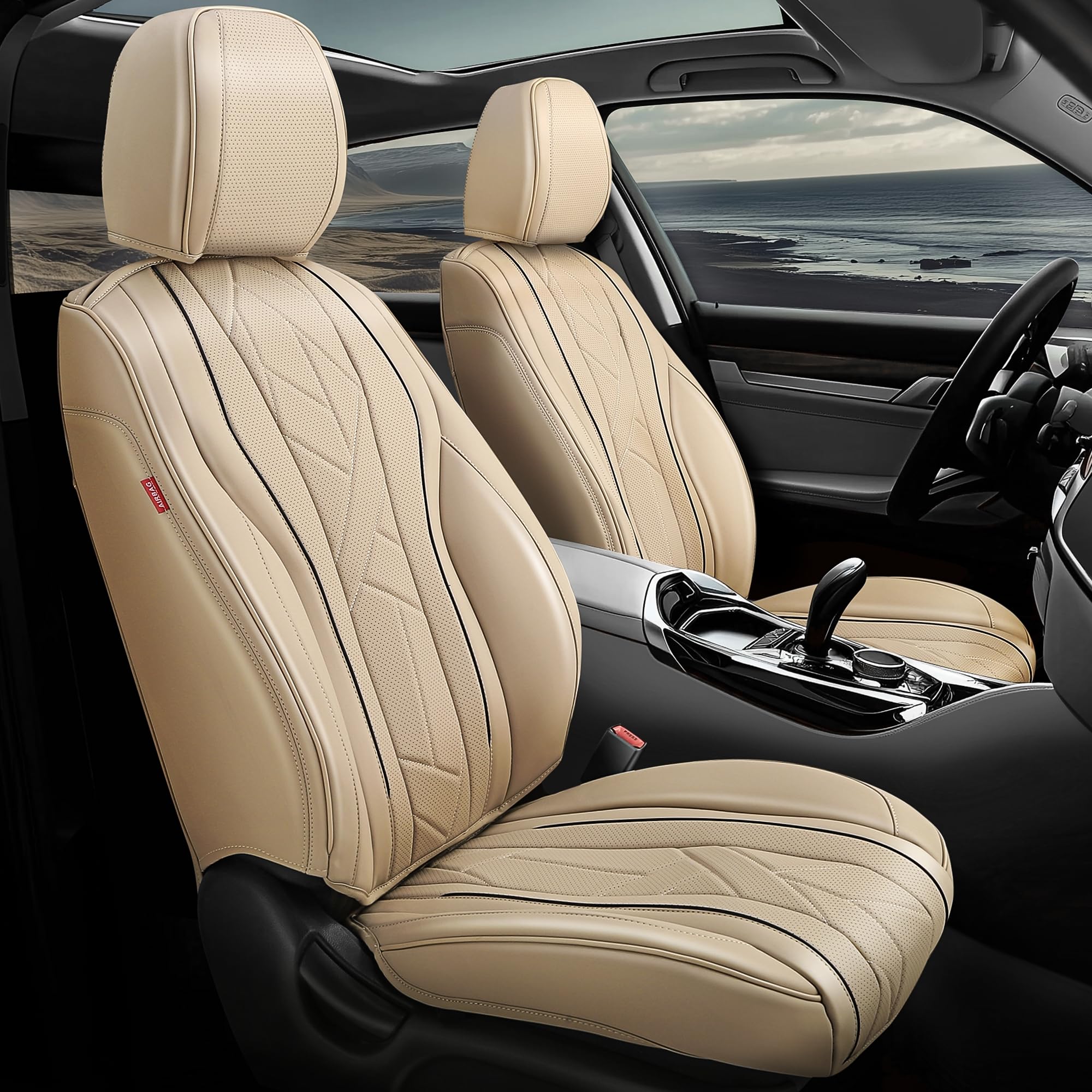 auto dynasty car seat covers full set, anti-slip automotive interior covers with storage pocket, breathable car seat protectors, airbag compatible, universal fit most vehicles, beige (touring series)