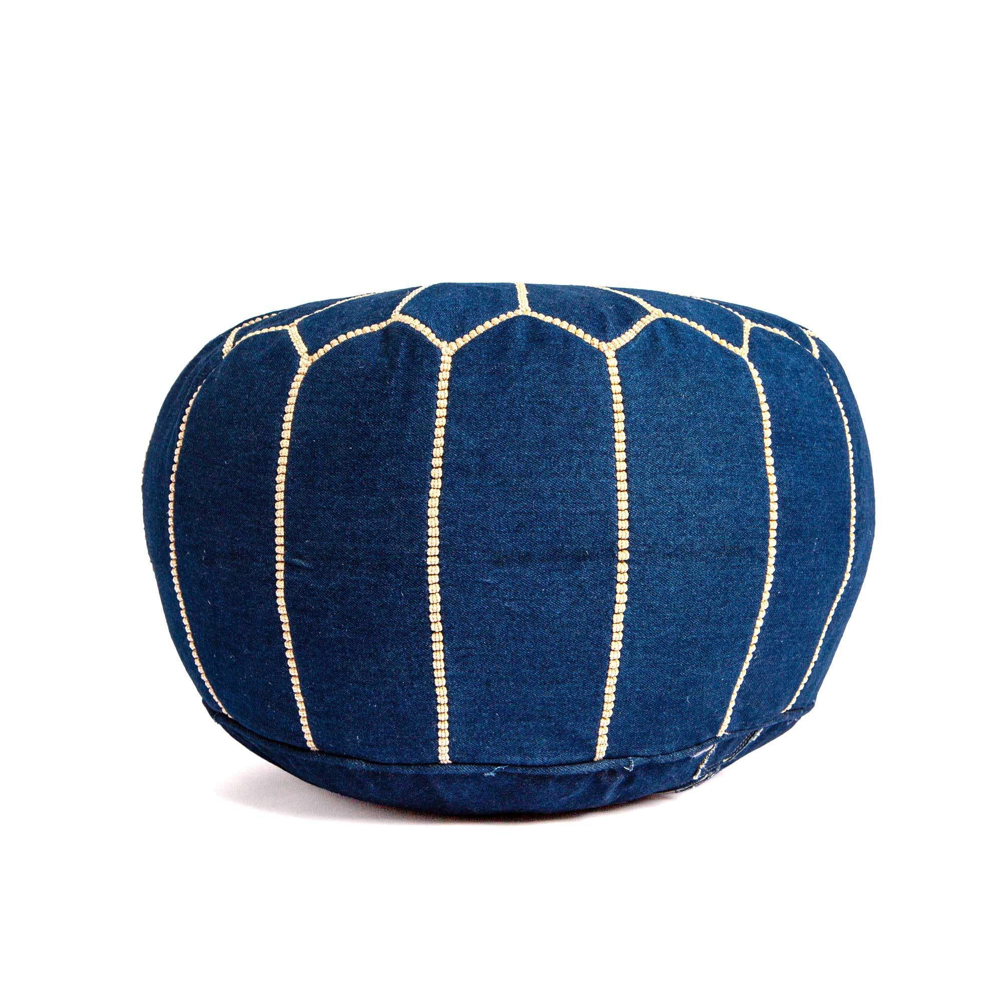 Marrakesh Gallery Blue Denim Circular Moroccan Low Pouf, Unstuffed Hand Stitched Ottoman Foot Rest - Luxurious Sitting Round Footrest for Living Room, Bedroom, Nursery, kidsroom - Boho Decor