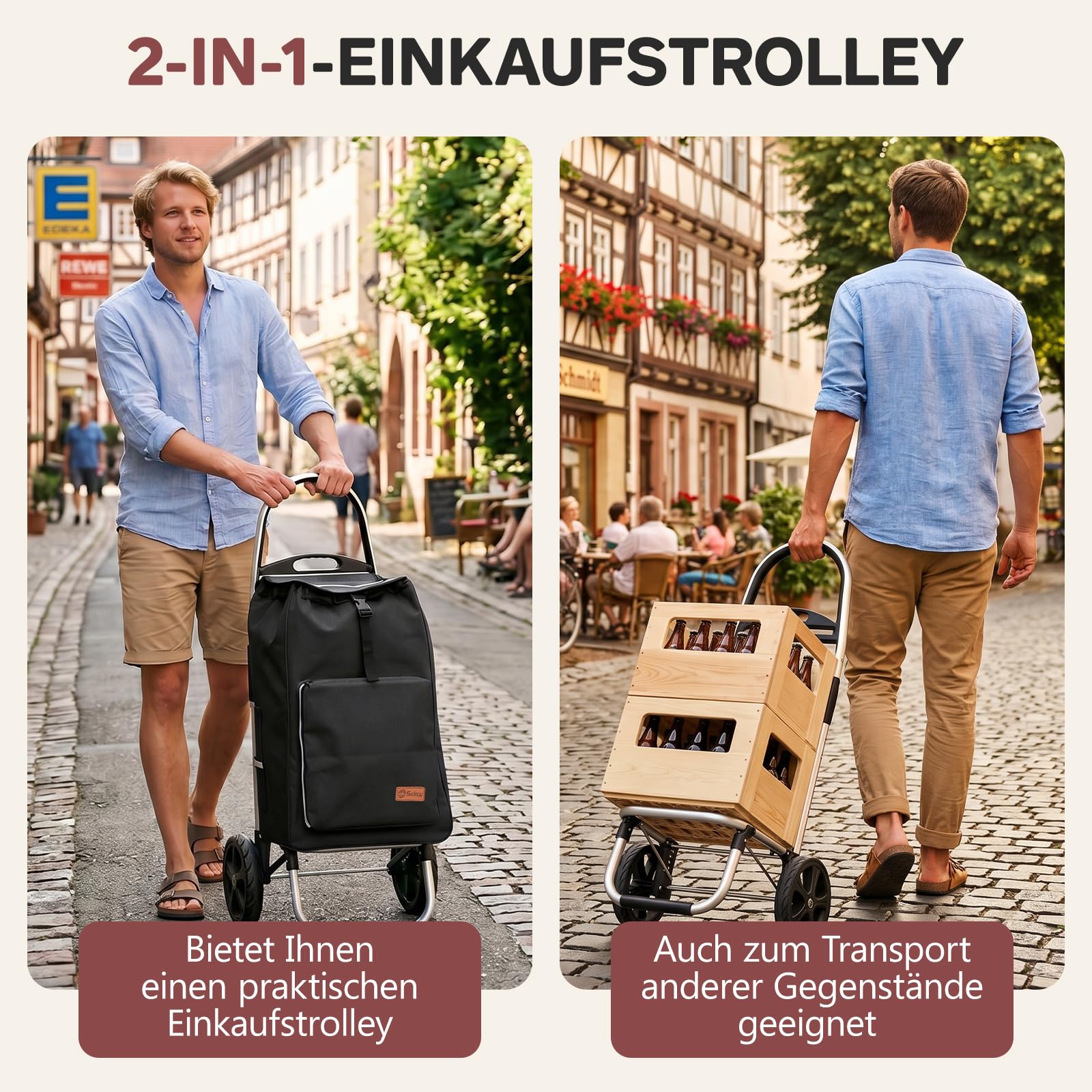 Sekey Einkaufstrolley klappbar, 50L Einkaufstasche mit Kühlfach, Aluminiumrahmen, Faltbarer Einkaufswagen, Shopping Trolley für Einkauf und Alltag, Schwarz