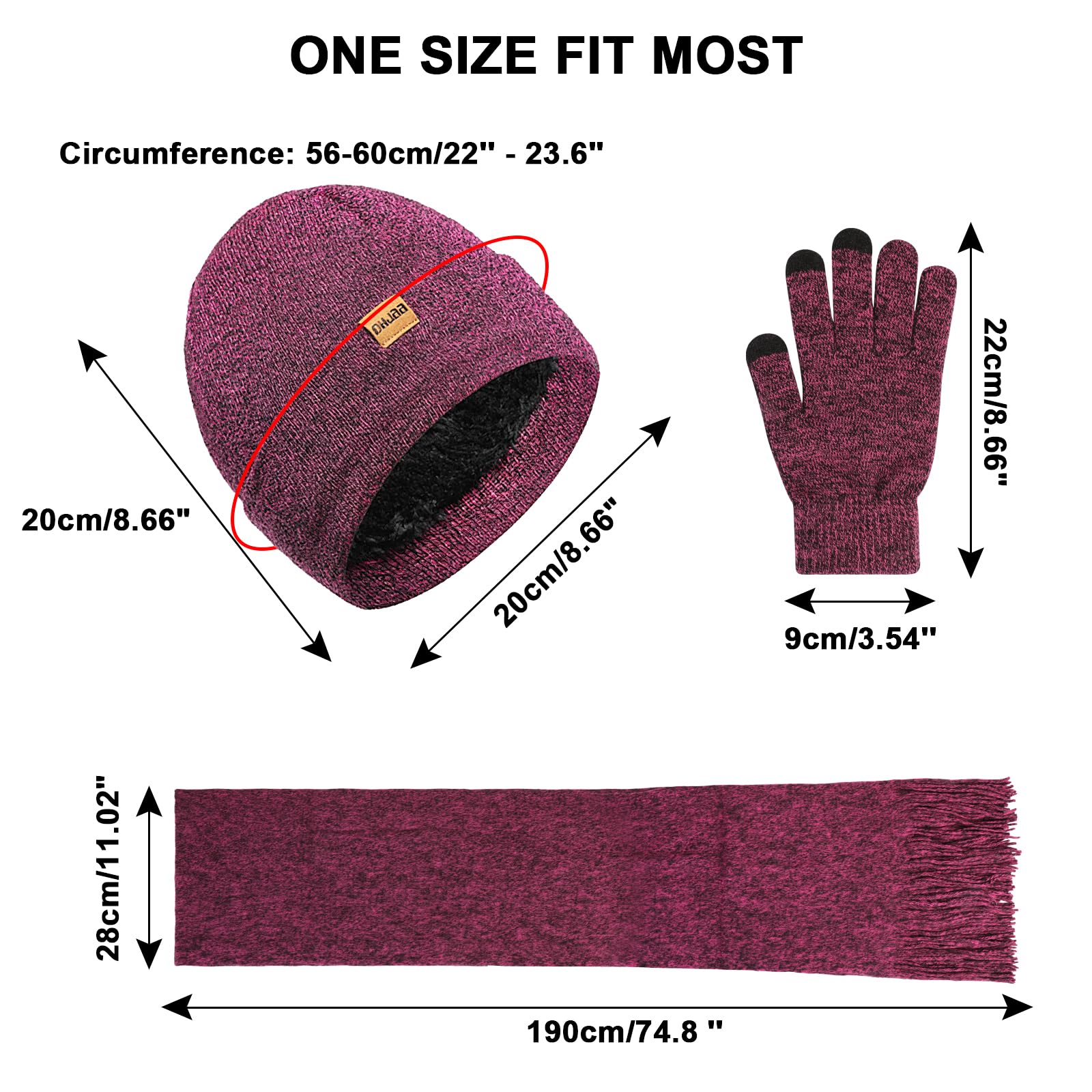 Invierno Gorro Bufanda Guantes de Pantalla Táctil Set 3 en 1 para Mujeres, Sombreros de Punto con Cálido Forro Polar Suave Larga Lana Bufanda Elástico Guantes Conjunto para Mujeres Regalos