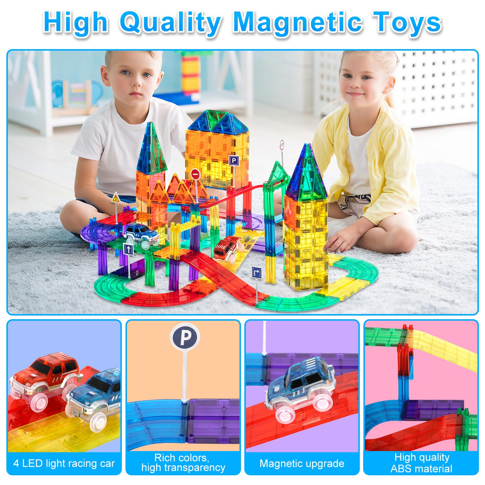 193Pcs Gioco Giocattolo con Blocchi Magnetici 3D, Giocattoli da Costruzione Magnetici con Auto da Corsa a Led, Set di Costruzioni Giocattolo Magnetiche, Regalo per 3+ Ragazzi e Ragazze