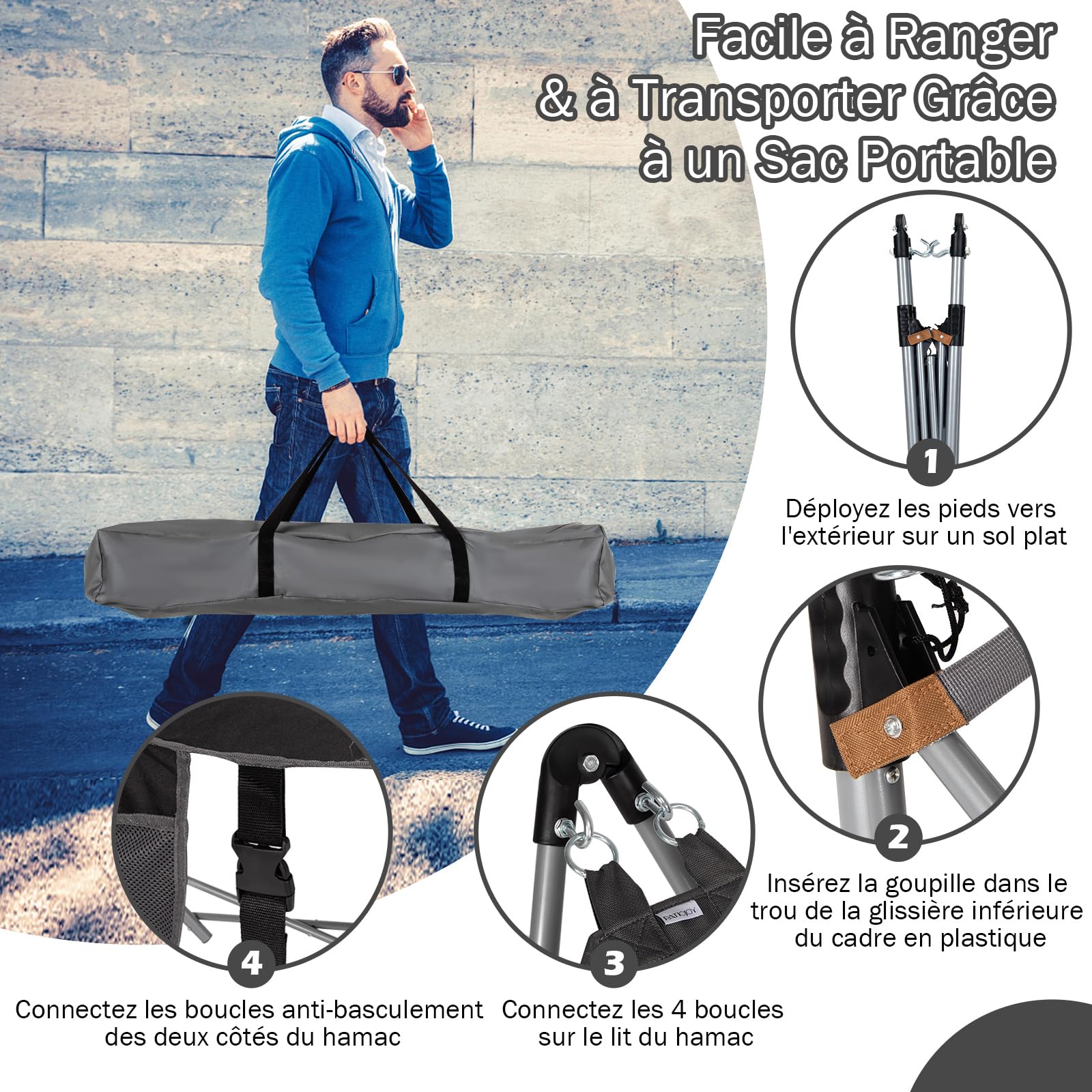COSTWAY Hamac sur Pied, Hamac Pliant avec Support Métallique et en Tissu d’Oxford, Poche Latérale et Boucles Anti-Basculement, pour Porche, Patio, Jardin, Charge 150KG, 227 x 82 x 89CM