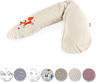 Theraline Das Original Schwangerschafts- & Stillkissen | gefüllt mit sandfeinen Original Perlen | inkl. Außenbezug „Punkte beige m. Applikation Knisterfuchs“ | 190 cm