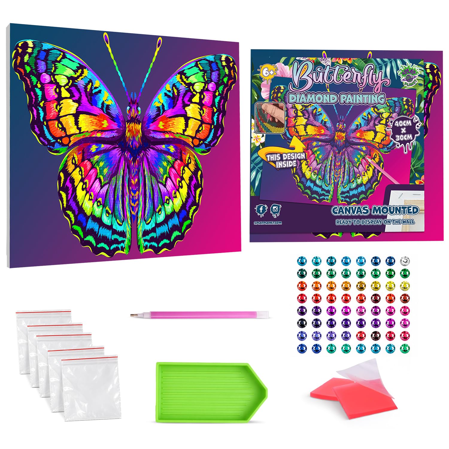 Splat Planet White Butterfly Wall Art Framed Diamond Painting Kit, Rhinestone, Framed Diamond Art, 5D Diamond Painting Kit, Home Wall Decoration,Arts And Crafts For Adults,Kids, 30X40cms