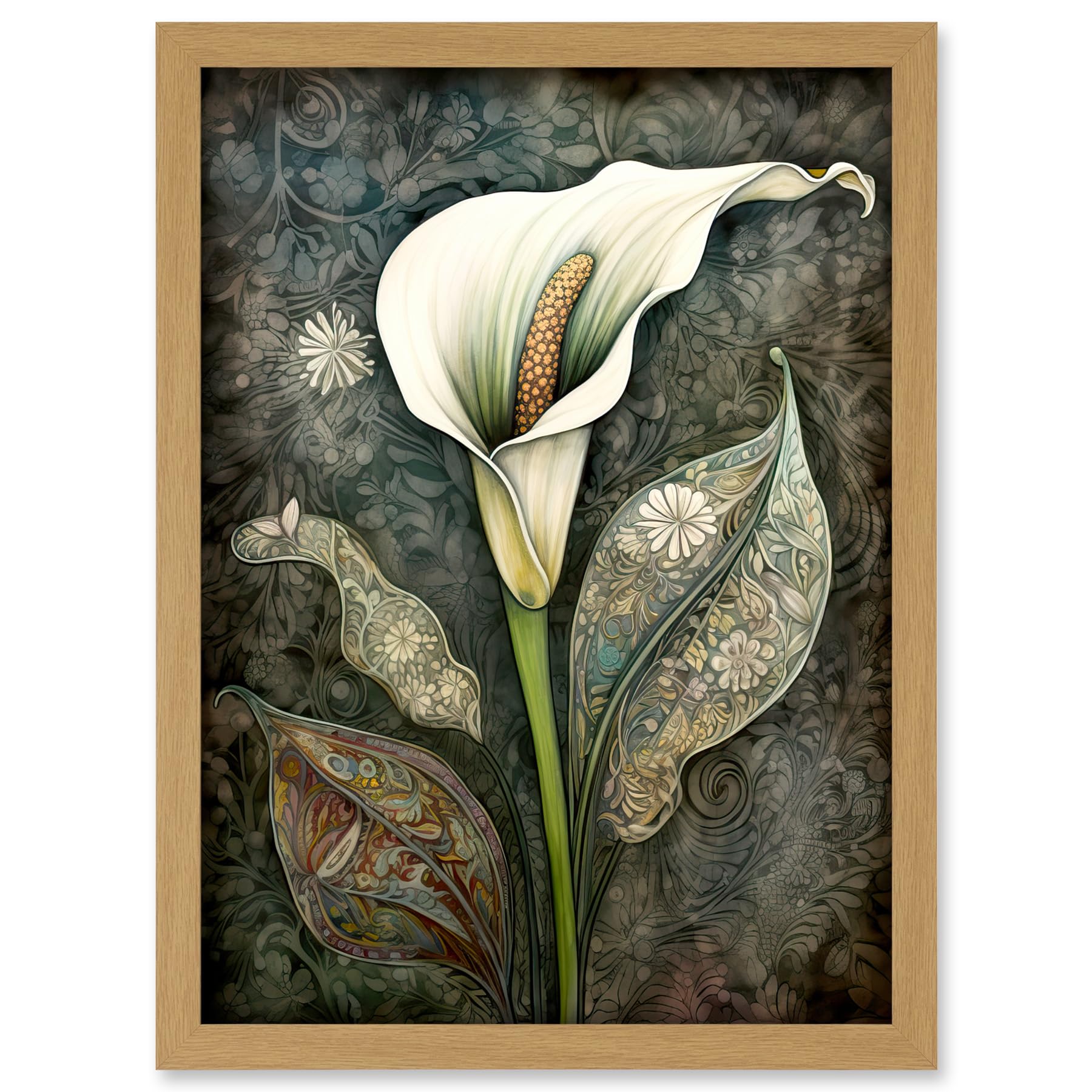 Artery8 Calla Lily Flower Bloom with Batik Style Patterns Artwork Framed A3 Wall Art Print