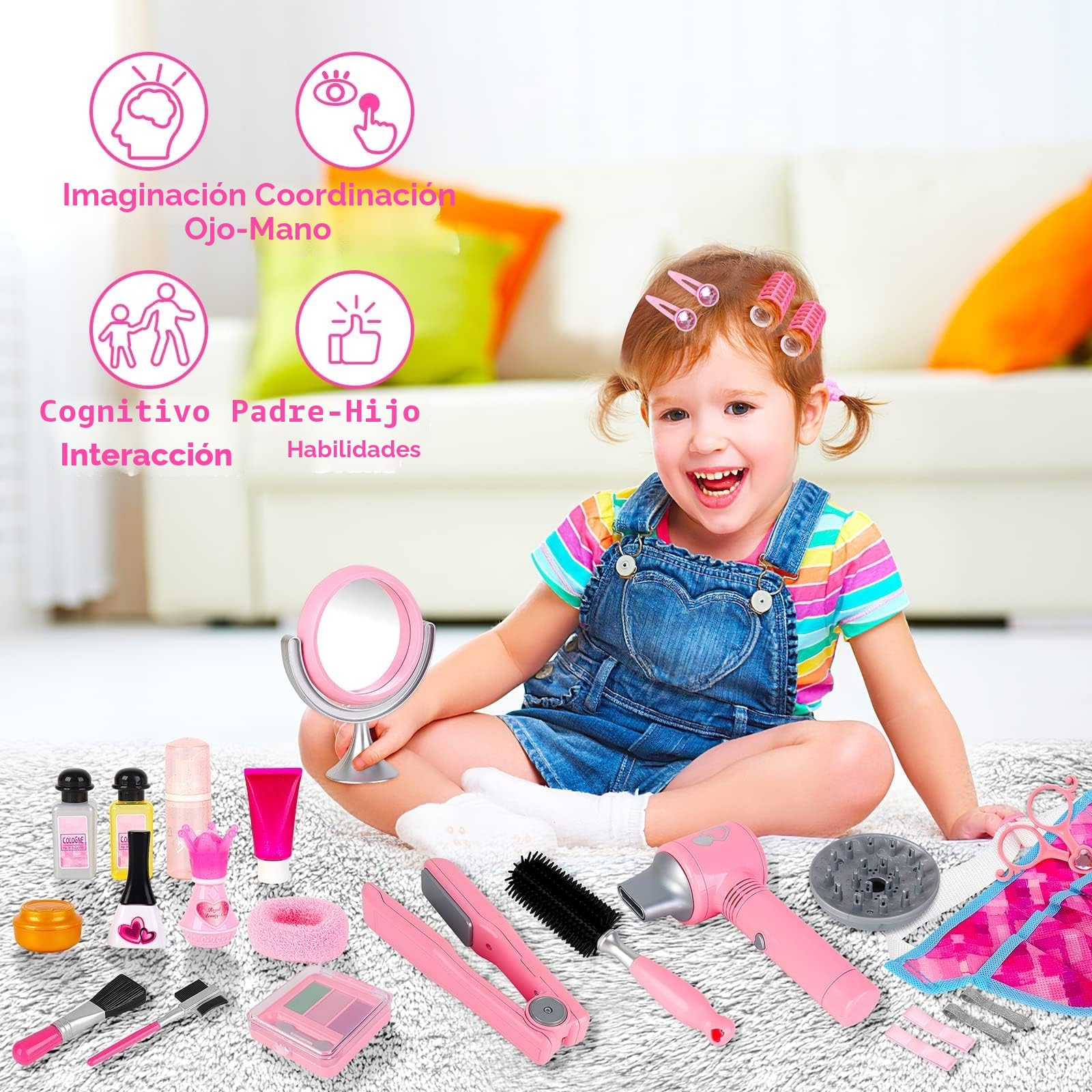 deAO Set De Juegos De 35 Piezas De Salón De Belleza para Niñas, Juego De Simulación De Peluquería con Secador De Pelo, Espejo, Rizador y Otros Accesorios, Kit De Maquillaje Simulado para Niños