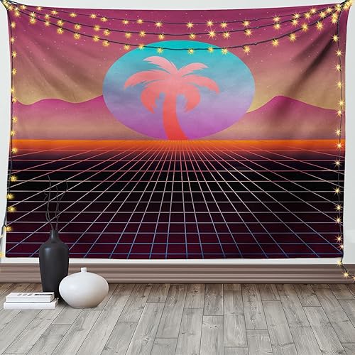 Ambesonne Synthwave Tapestry, 80's Scene Retrowave Design with Palm Silhouette on Abstract Sun and Squares, Wide Wall Hanging for Bedroom Living