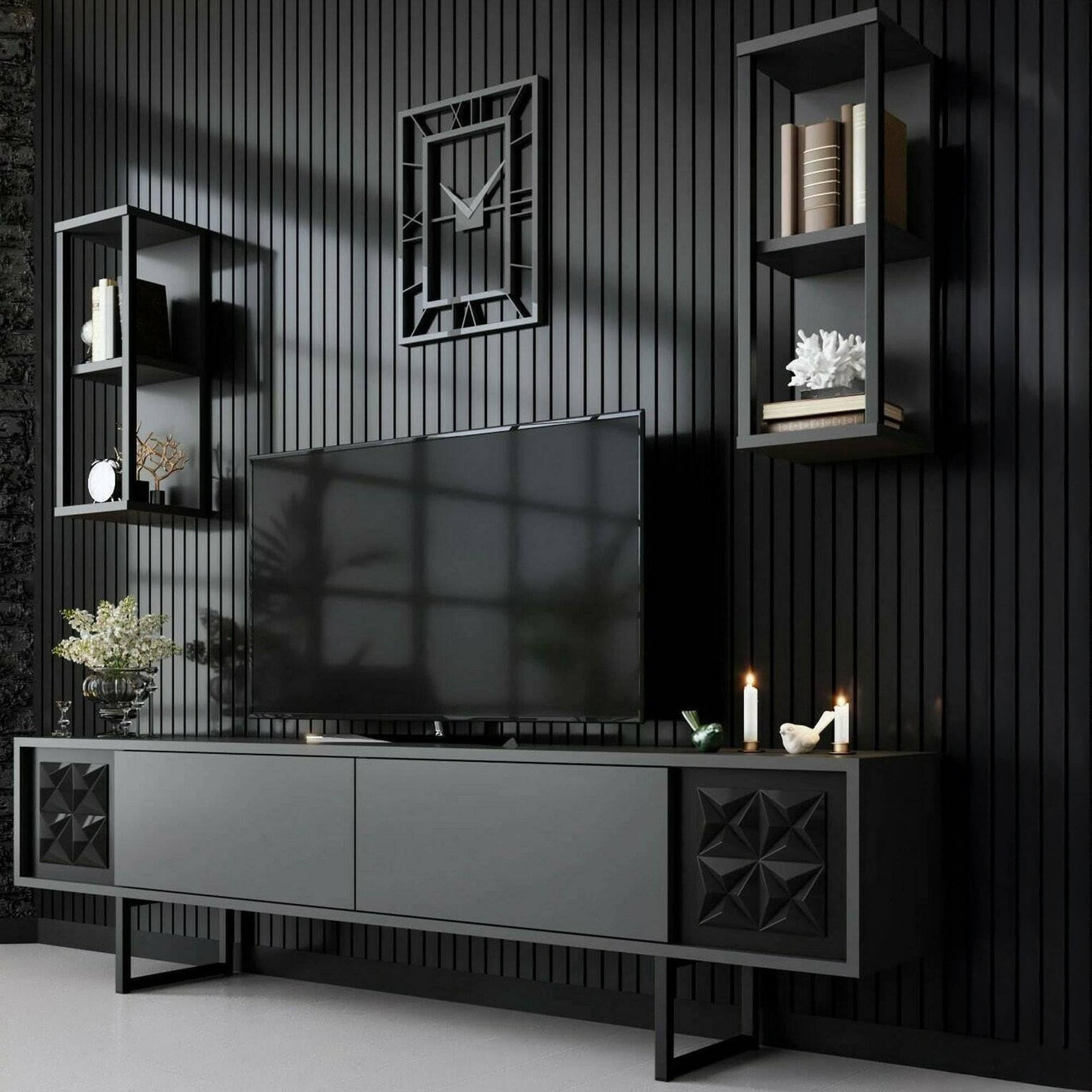 Dmora - Mobile porta TV Kaus, Credenza da soggiorno, Armadio basso per TV, Base parete attrezzata, 180x30h48 cm, Antracite e Nero