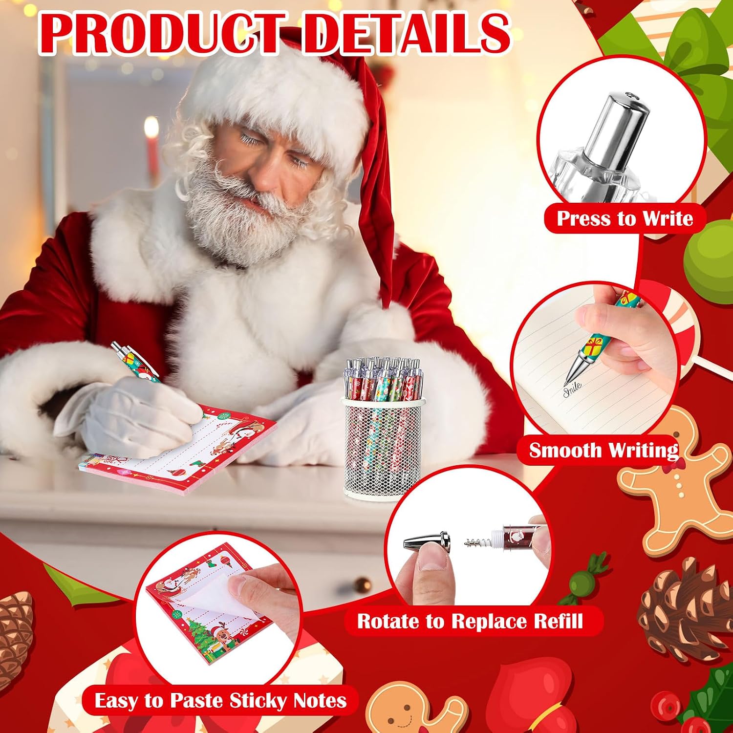 Fullhawl 144 Pcs Christmas Sticky Notes Ballpoint Pen Bulk with Organza Bag Stationery Gift Party Favors for Xmas Prize Exchange Office Supplies (Santa)