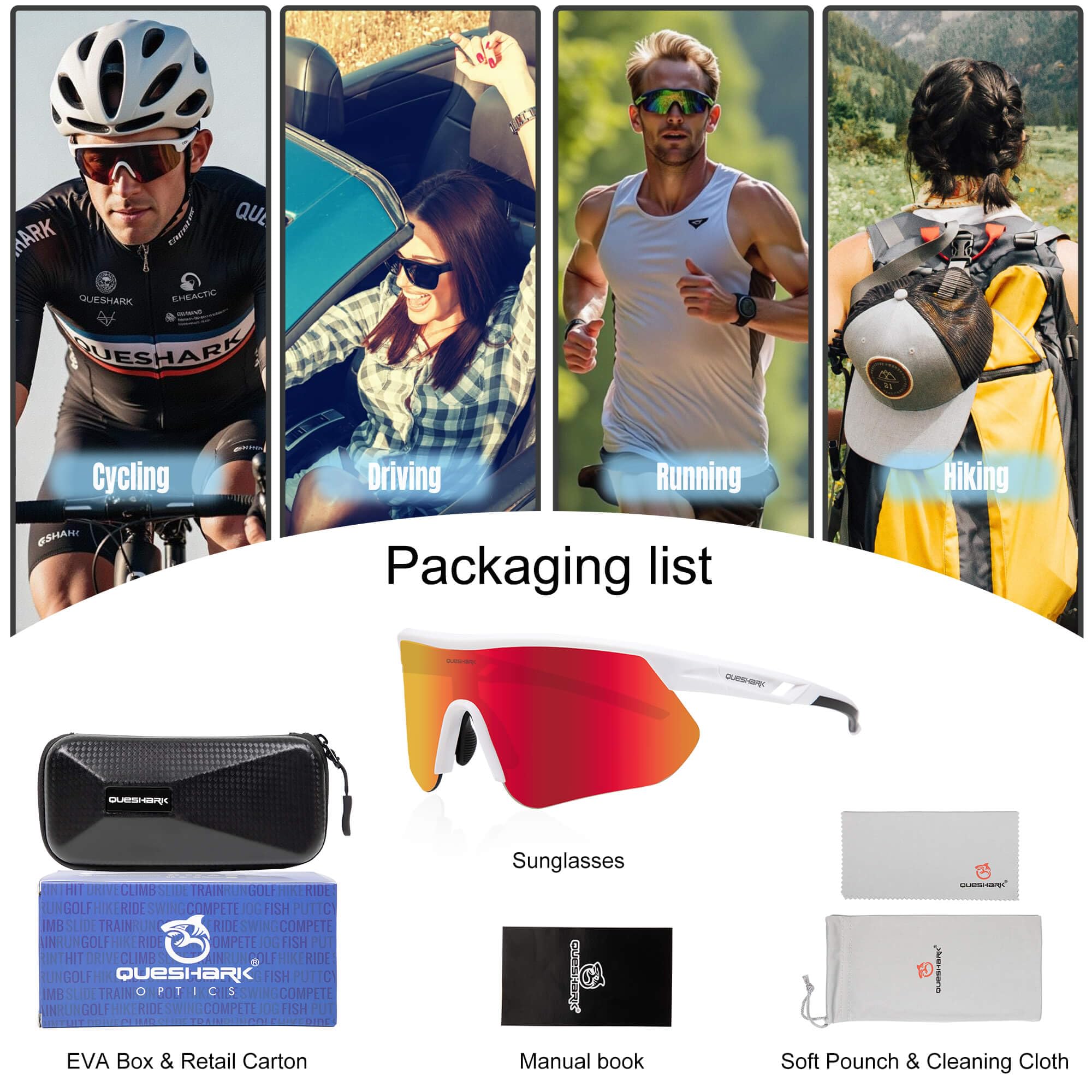Queshark Lunette de Cyclisme, Lunette Running Homme Femme, TR90 Cadre & Protection UV400 Lunette Vélo, Lunettes de Soleil Homme Sport pour Cyclisme Conduite Golf Ski Pêche Course à Pied