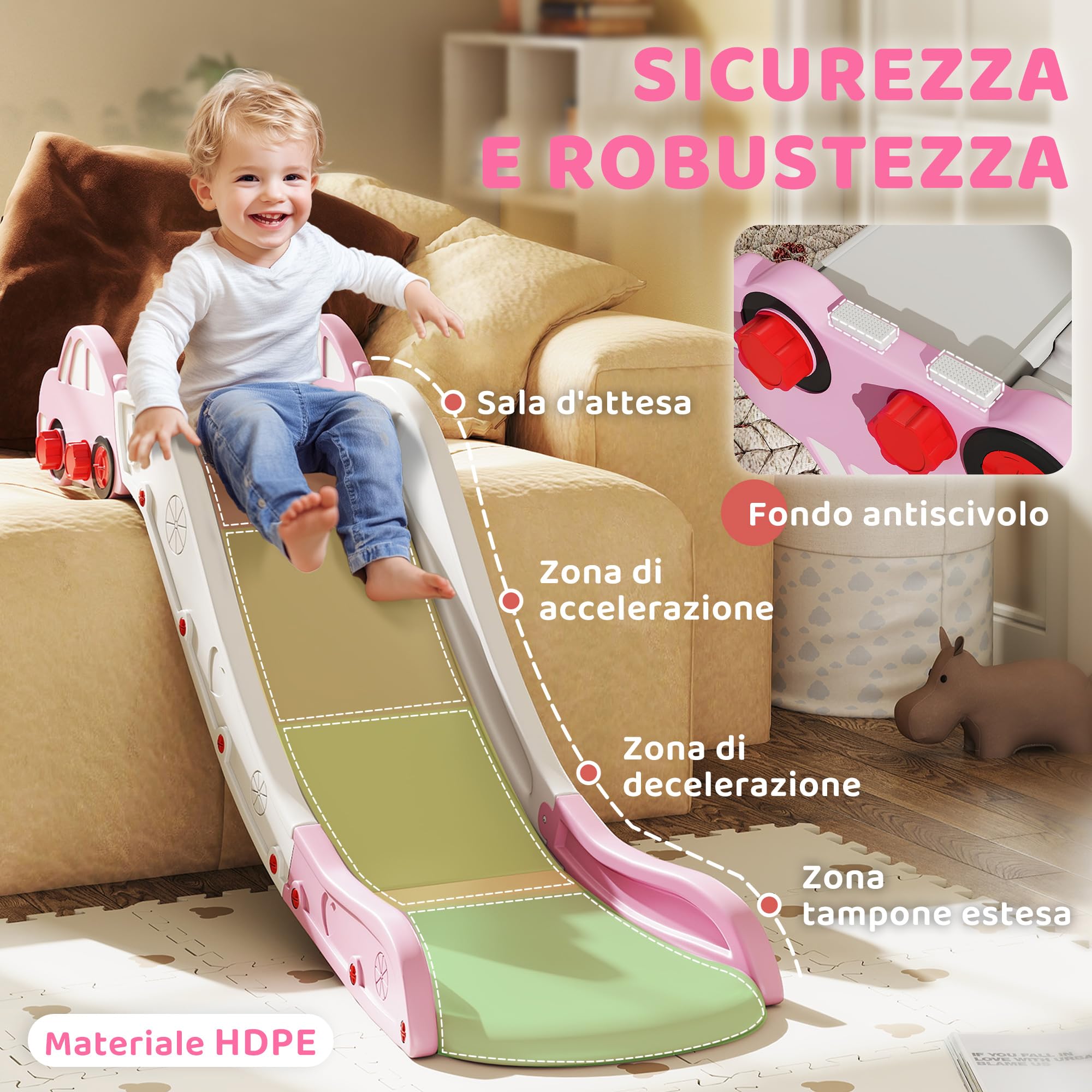 AIYAPLAY Scivolo per Bambini in HDPE con Zona di Ammortizzazione Integrata, 175x43x73 cm, per Divani, Letti e Superfici Alte 40-60 cm, Età 18-48 Mesi, Carico Massimo 30kg, Rosa