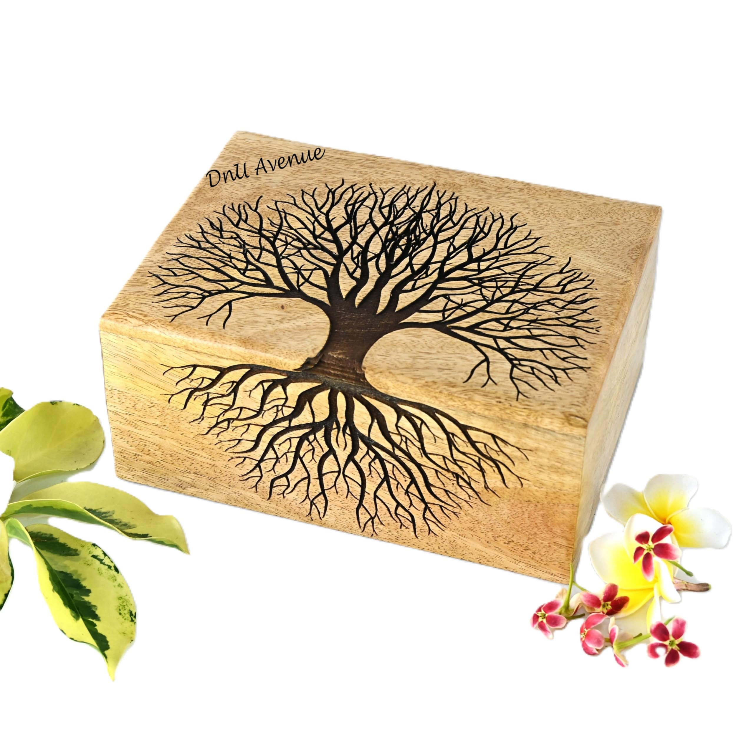 DnU Avenue Biodegradable Hand Carved Wooden Cremation Urns for Human Ashes Adult & Pets, Memorial Box, Keepsake for Burial/Funeral Box, Mango Tree (Golden Brown/Medium 8 x 6 x 3.5, 86 Cu/in)