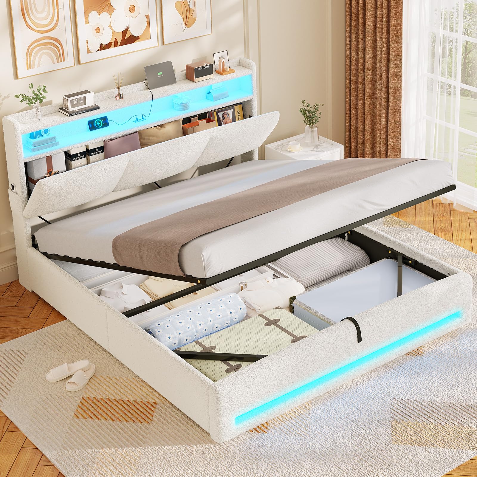 AOGLLATI Polsterbett 140×200 mit Steckdosen und LED-Beleuchtung, Doppelbett mit Stauraum Kopfteil, Bett 140×200 mit Hydraulische Metallrahmen und Lattenrost aus Holz, Bouclé, Beige（Ohne Matratze）