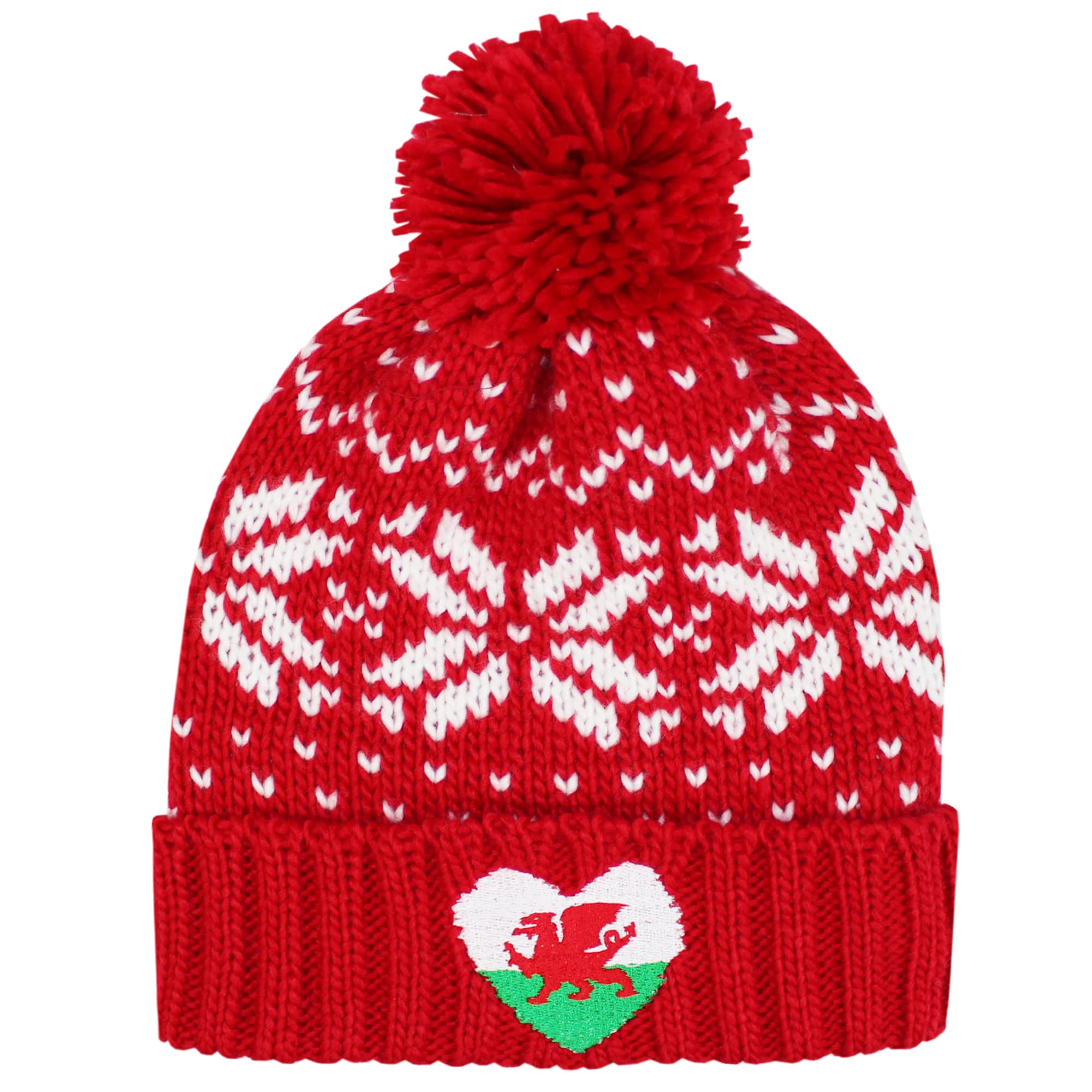 Teddyts Men's Red Adult Unisex Welsh Dragon Heart Bobble Chunky Knit Fair Isle Bobble Hat