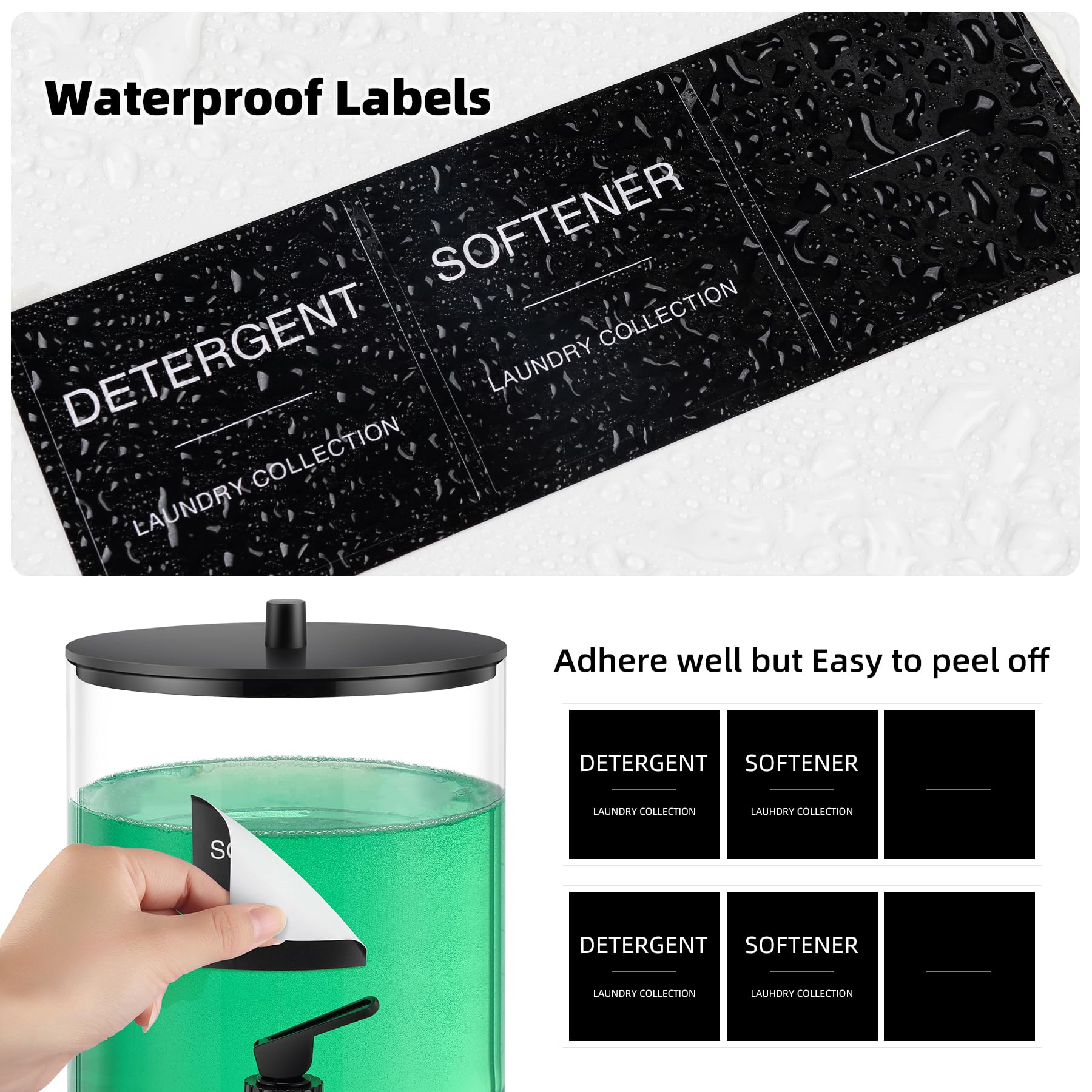 TIPGO Waschmittelspender aus Glas mit Zapfhahn, 3,6 l Flüssigseife und Weichspüler-Behälter, breite Öffnung, Waschmittelhalter mit 6 wasserdichten Etiketten (2 Stück)
