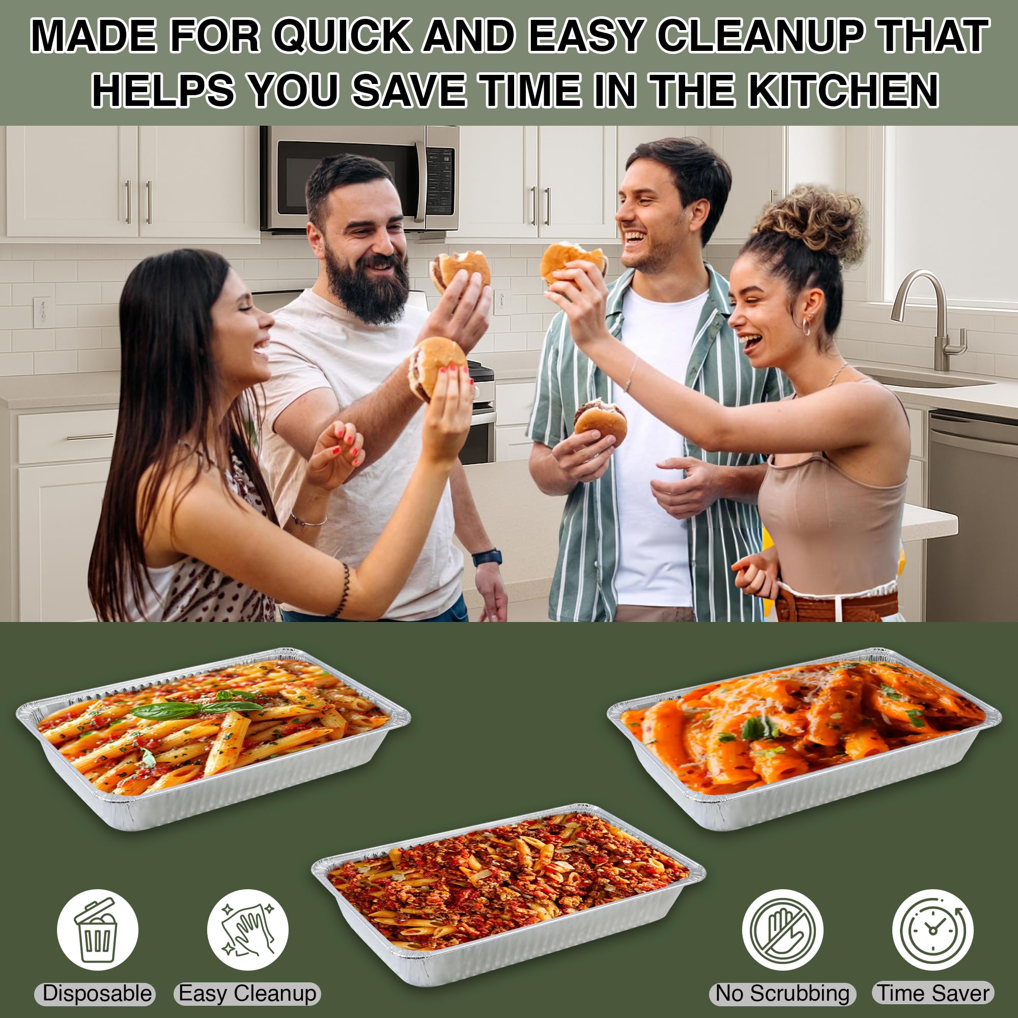 Sartenes de papel de aluminio resistentes de 20.5 x 12.5 x 3.5 pulgadas, sartenes de vapor poco profundas de tamaño completo, perfectas para catering, hornear y preparar comidas, bandeja de servir de