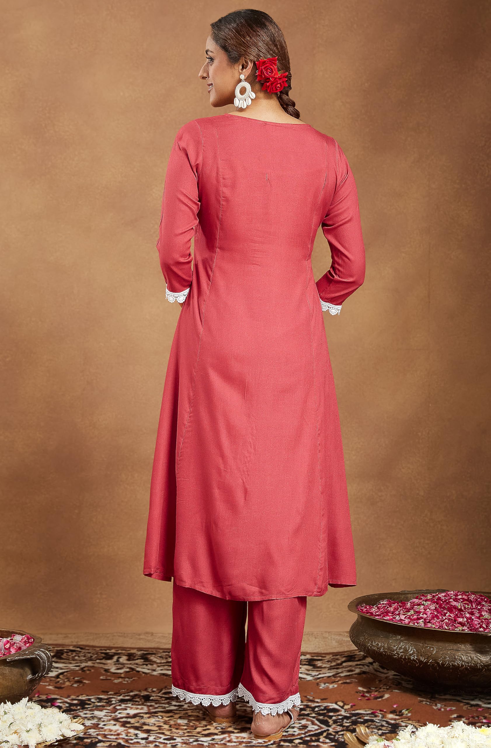 Janasya Women's Rust Rayon Yoke Embroidered A-line Kurta with Palazzo Set product image 3
