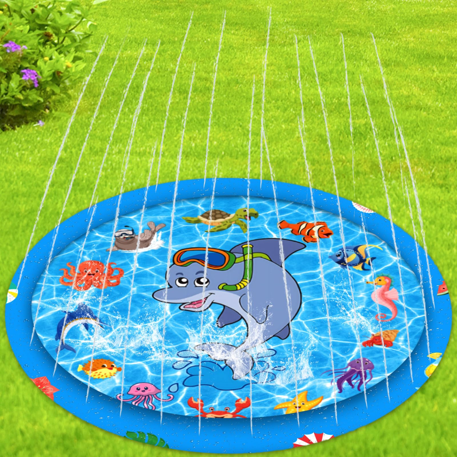 MULEVIP Splash Pad, 170cm Aspersor para Niños, Patrón De Animales Marinos Juegos Exterior Niños, PVC Juegos Piscina Aspersor para Niños Apto para Niños Y Mascotas De 3 A 6 Años