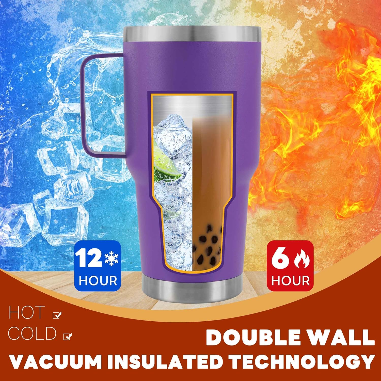 30 oz Tumbler With Handle, Double Wall Stainless Steel Vacuum Insulated Travel Mug with Splash-Proof Lid Metal Straw and Brush (Purple) - Image 4