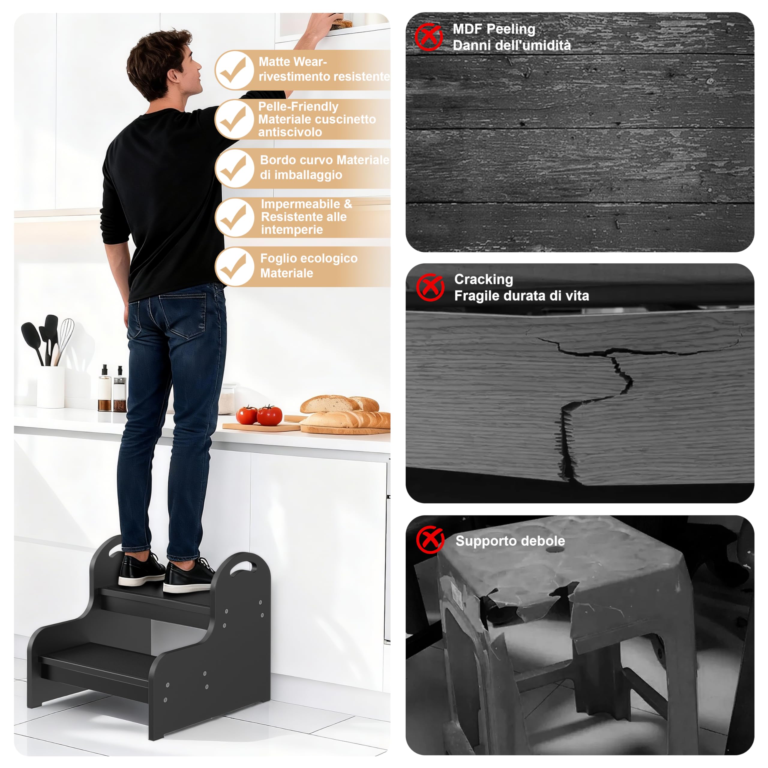 Sgabello in legno a 2 gradini per bambini con superficie antiscivolo, Heavy Duty 2-Step Scala, bambino passino sgabello per bagno lavandino/WC/cucina/letto (nero T)