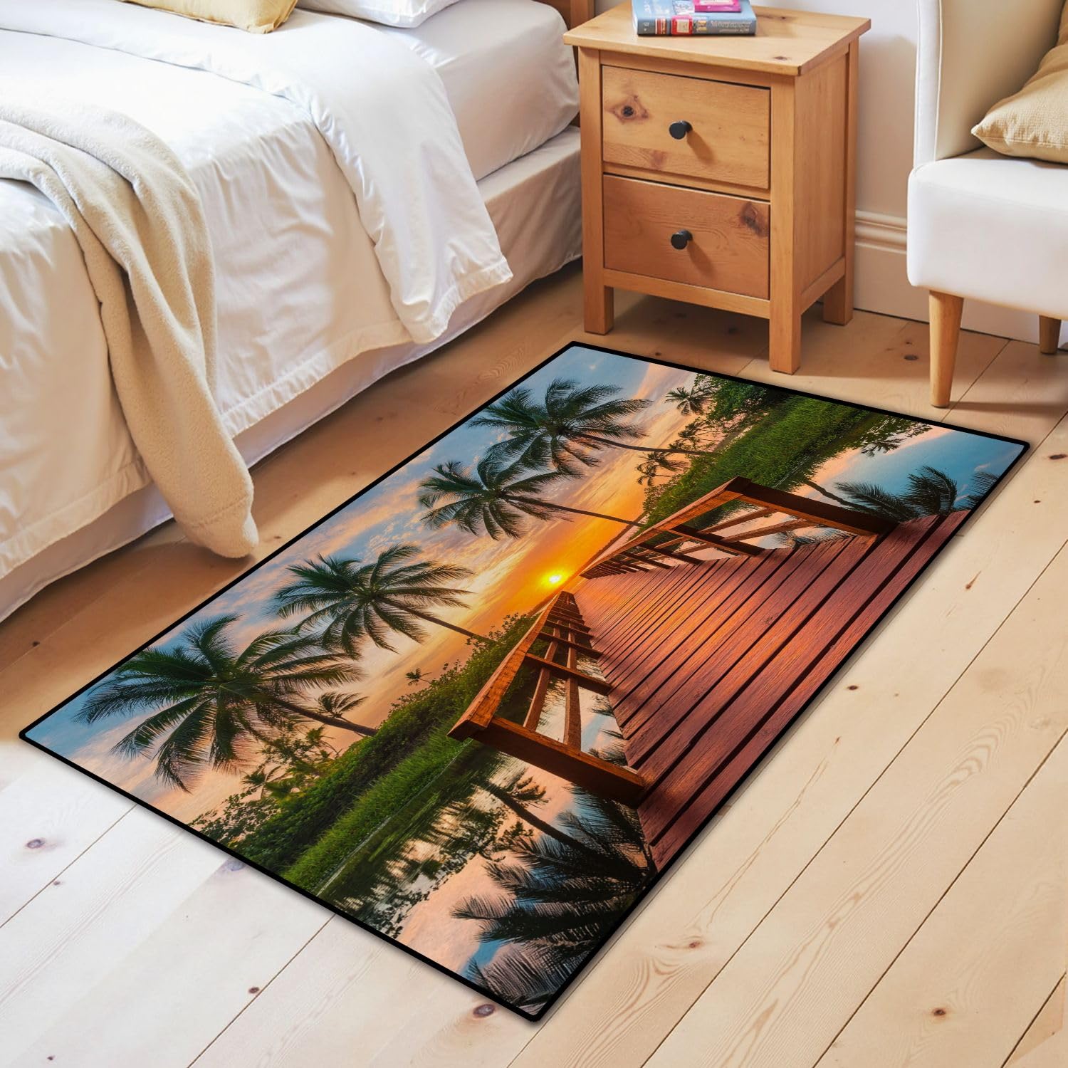 Area Rug Sunset Lake Nature Scenic Coastal Coconut Palm Trees Bridge Boardwalk 2.6x4 Runner Rug Accent Home Decor Indoor Floor Mat Washable Carpet for