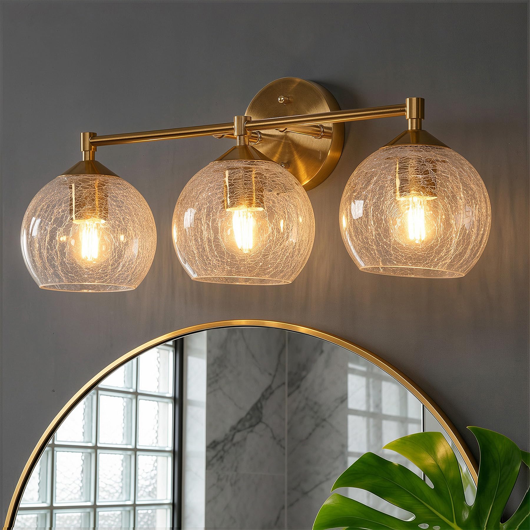 Tribesigns Applique Bagno 3 Luci, Lampada da Specchio Dorata con Sfere in Vetro Craquelé, Applique Murale E27 con Lampadine Incluse, Larghezza 43 cm, Illuminazione Moderna per Specchio Bagno, Lavabo